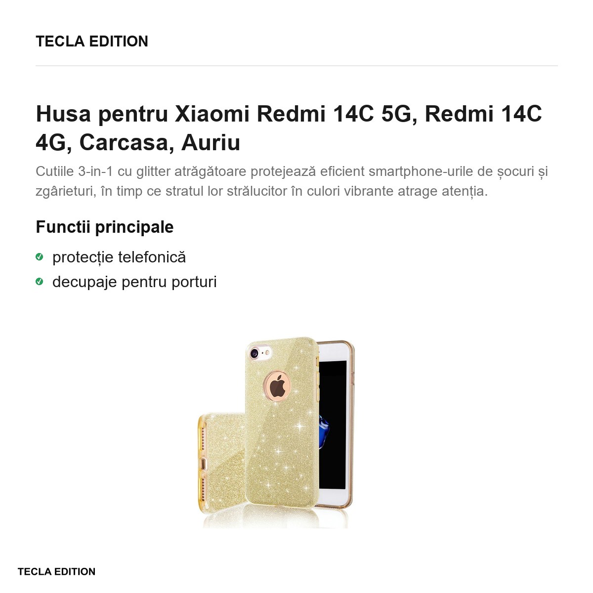 Husa Glitter 3in1 pentru Xiaomi Redmi 14C 5G, Redmi 14C 4G, Carcasa, Auriu [1]