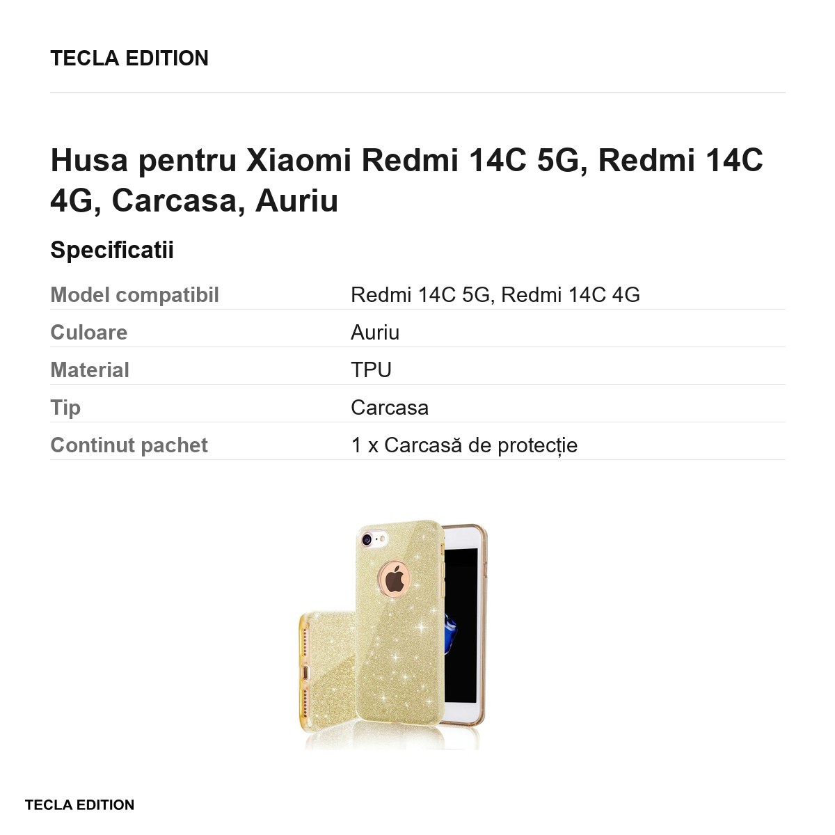 Husa Glitter 3in1 pentru Xiaomi Redmi 14C 5G, Redmi 14C 4G, Carcasa, Auriu [2]