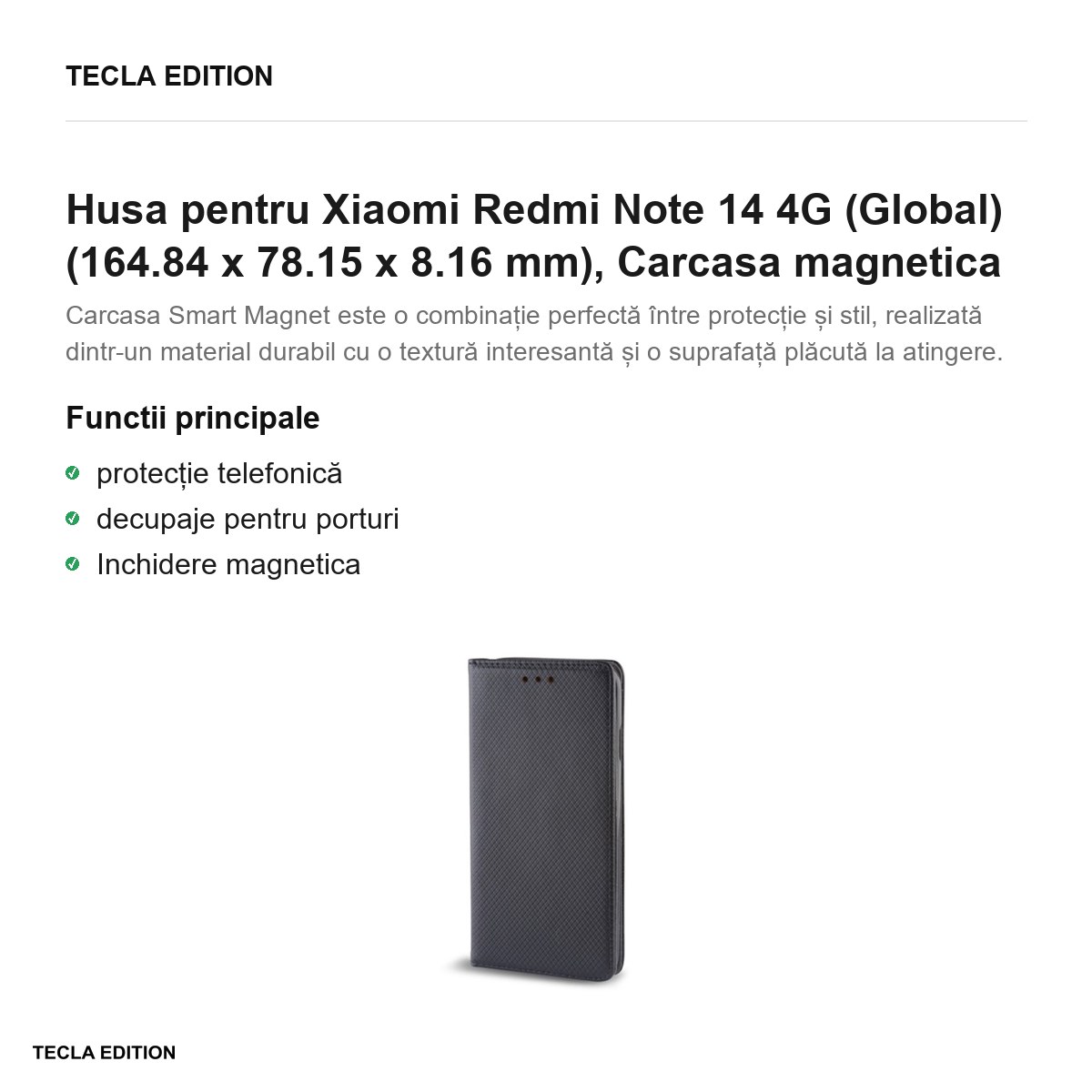 Husa Smart Magnet pentru Xiaomi Redmi Note 14 4G (Global), tip carte cu inchidere magnetica, Negru [1]