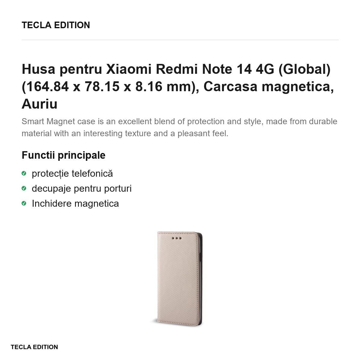 Husa Smart Magnet pentru Xiaomi Redmi Note 14 4G (Global), tip carte cu inchidere magnetica, Auriu [1]