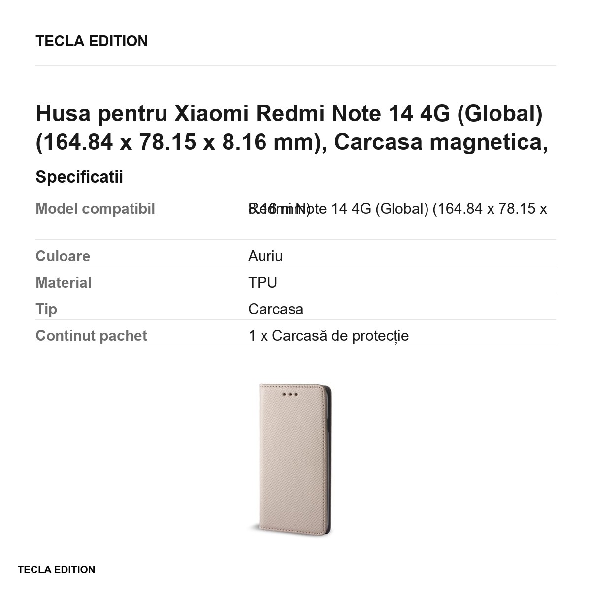 Husa Smart Magnet pentru Xiaomi Redmi Note 14 4G (Global), tip carte cu inchidere magnetica, Auriu [2]