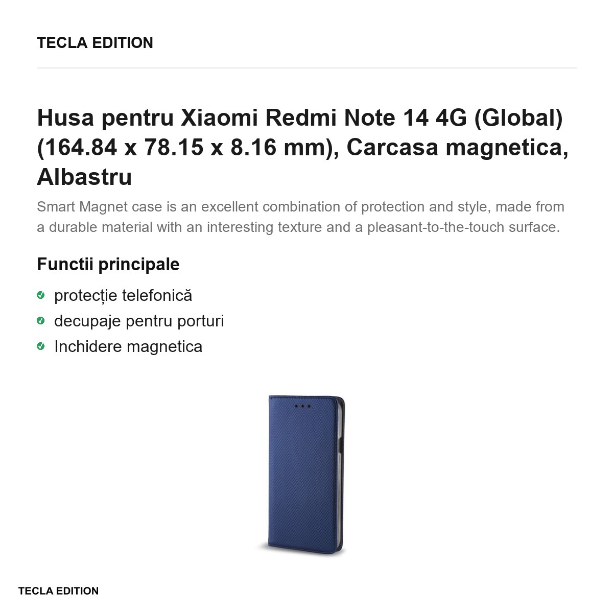 Husa Smart Magnet pentru Xiaomi Redmi Note 14 4G (Global), tip carte cu inchidere magnetica, Albastru [1]