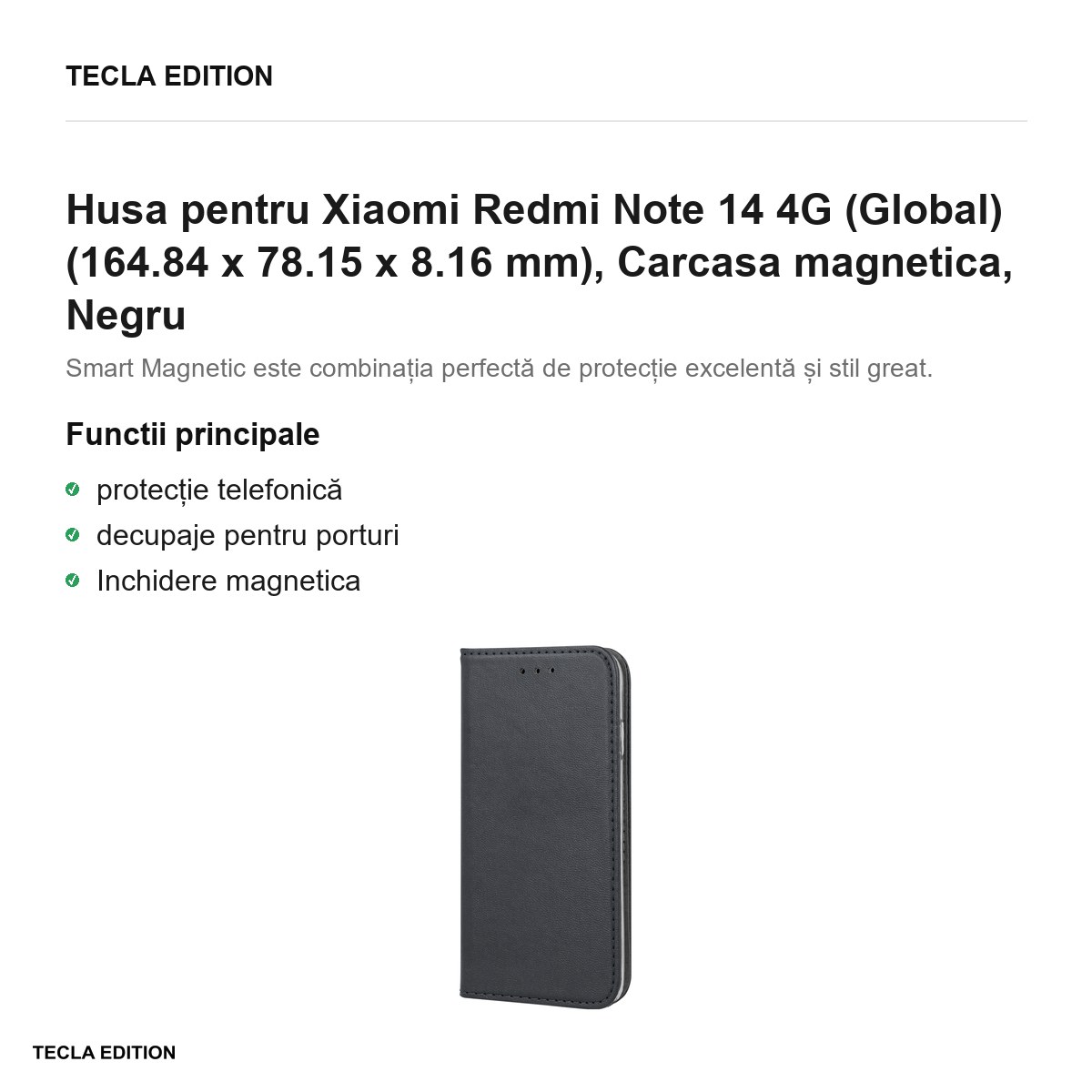 Husa Smart Magnetic pentru Xiaomi Redmi Note 14 4G (Global), tip carte cu inchidere magnetica, Negru [1]