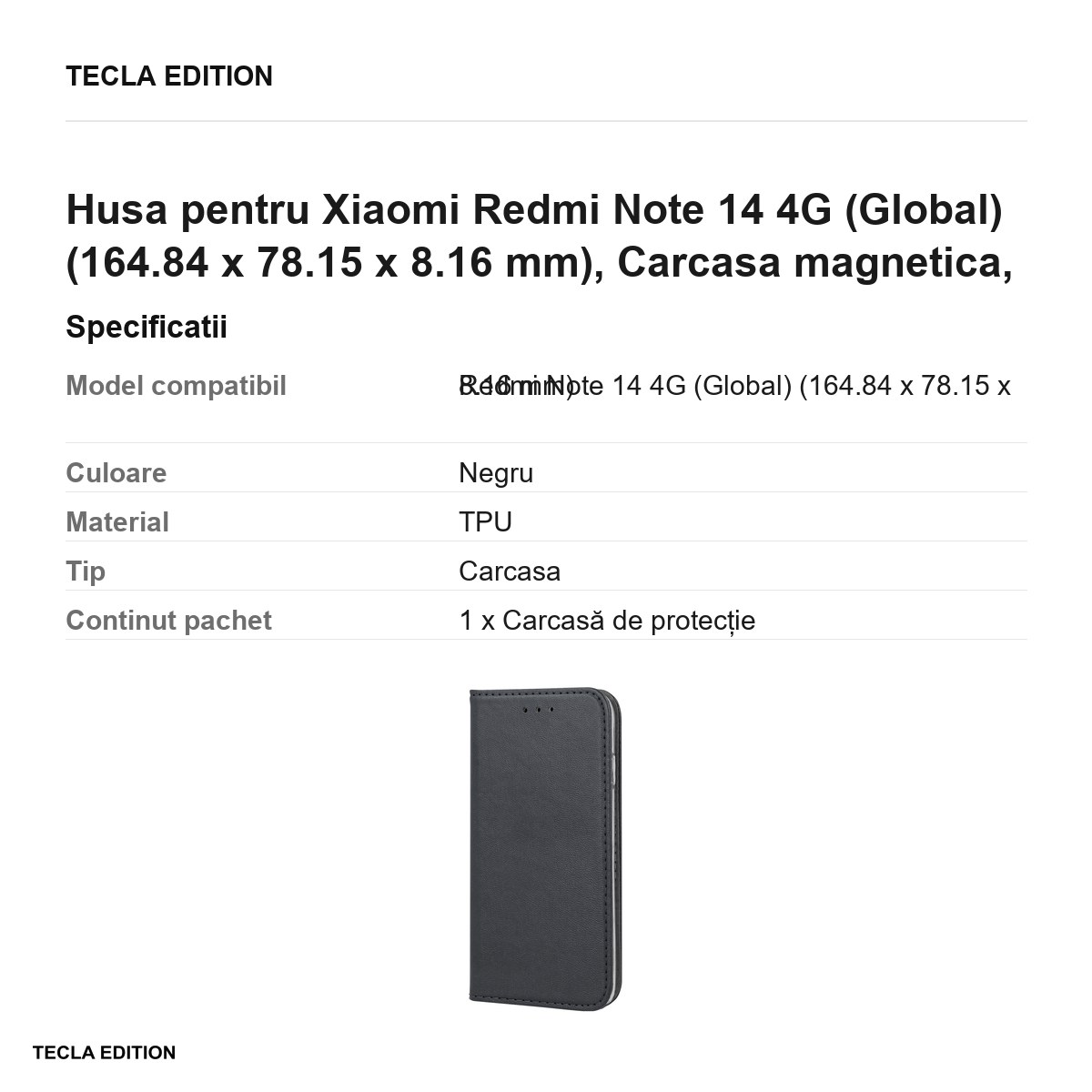 Husa Smart Magnetic pentru Xiaomi Redmi Note 14 4G (Global), tip carte cu inchidere magnetica, Negru [2]