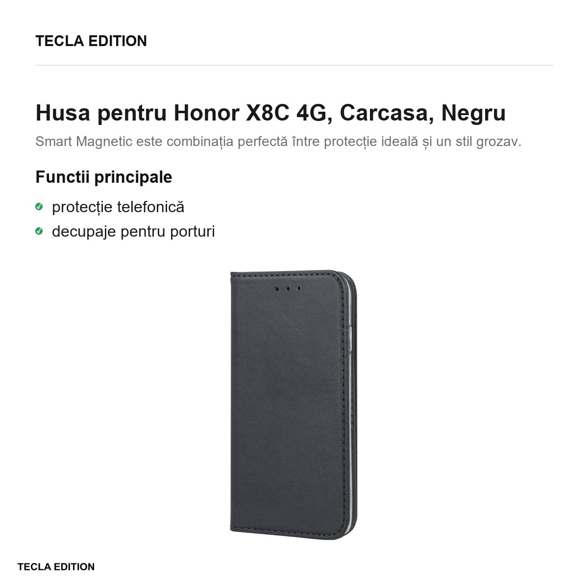 Husa Smart Magnetic pentru Honor X8C 4G, tip carte, Negru [1]