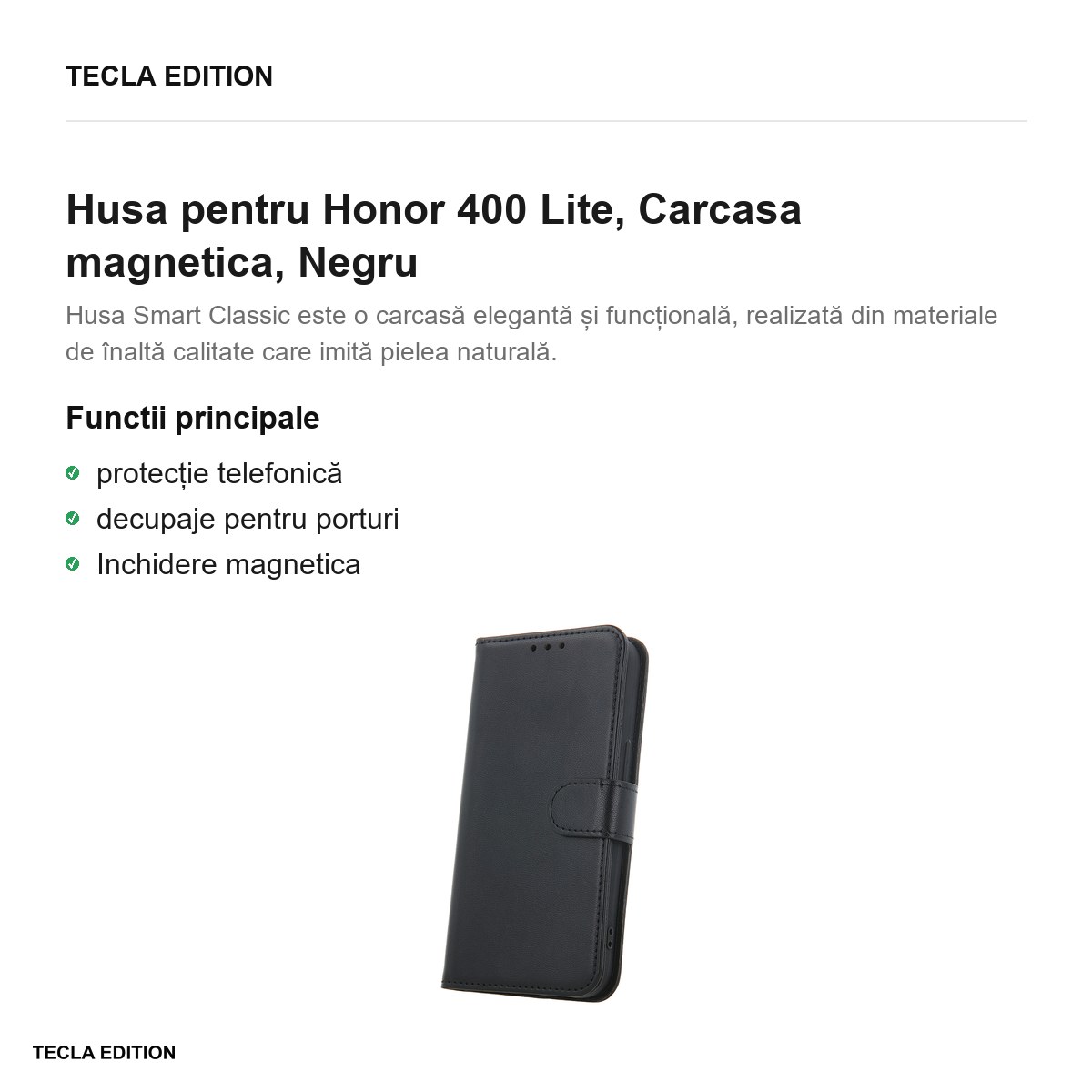 Husa Smart Classic pentru Honor 400 Lite, tip carte cu inchidere magnetica, Negru [1]