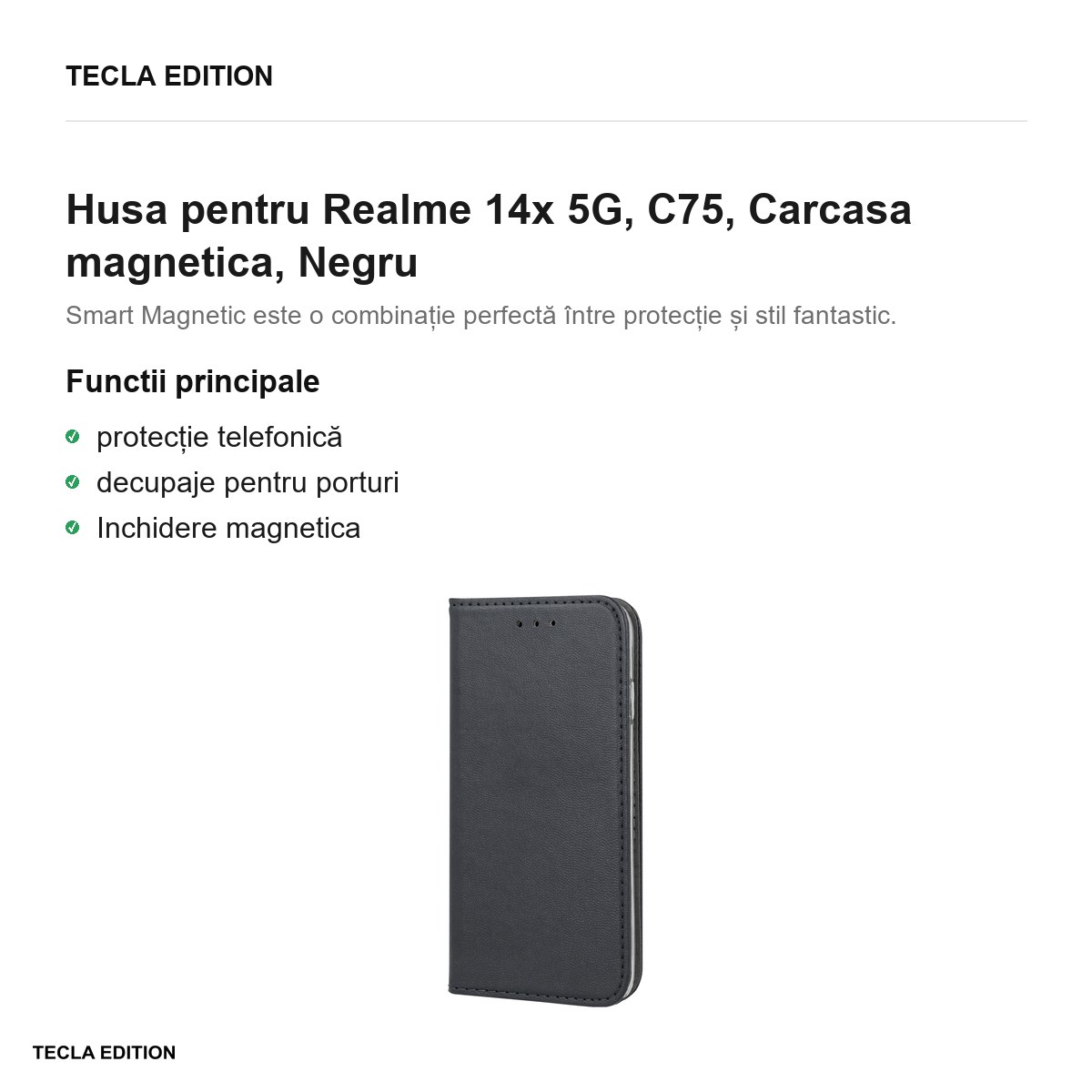 Husa Smart Magnetic pentru Realme 14x 5G, C75, tip carte cu inchidere magnetica, Negru [1]