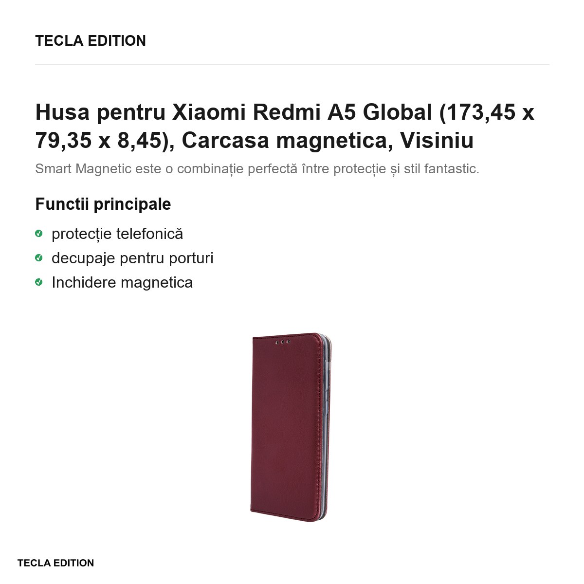 Husa Smart Magnetic pentru Xiaomi Redmi A5 Global, tip carte cu inchidere magnetica, Visiniu [1]