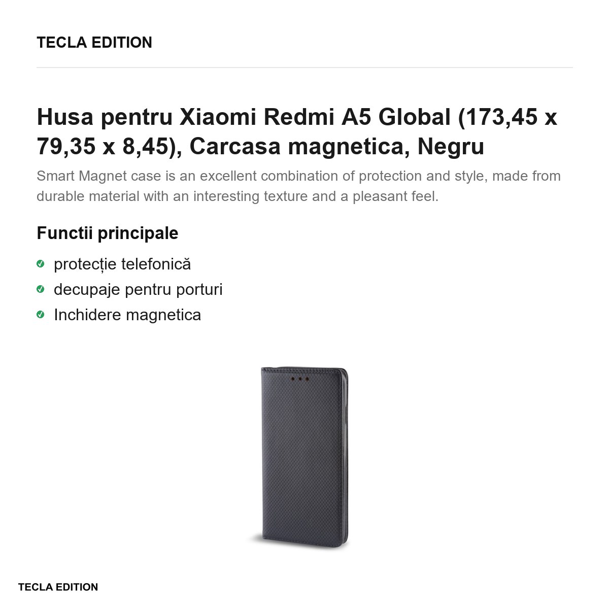 Husa Smart Magnet pentru Xiaomi Redmi A5 Global, tip carte cu inchidere magnetica, Negru [1]