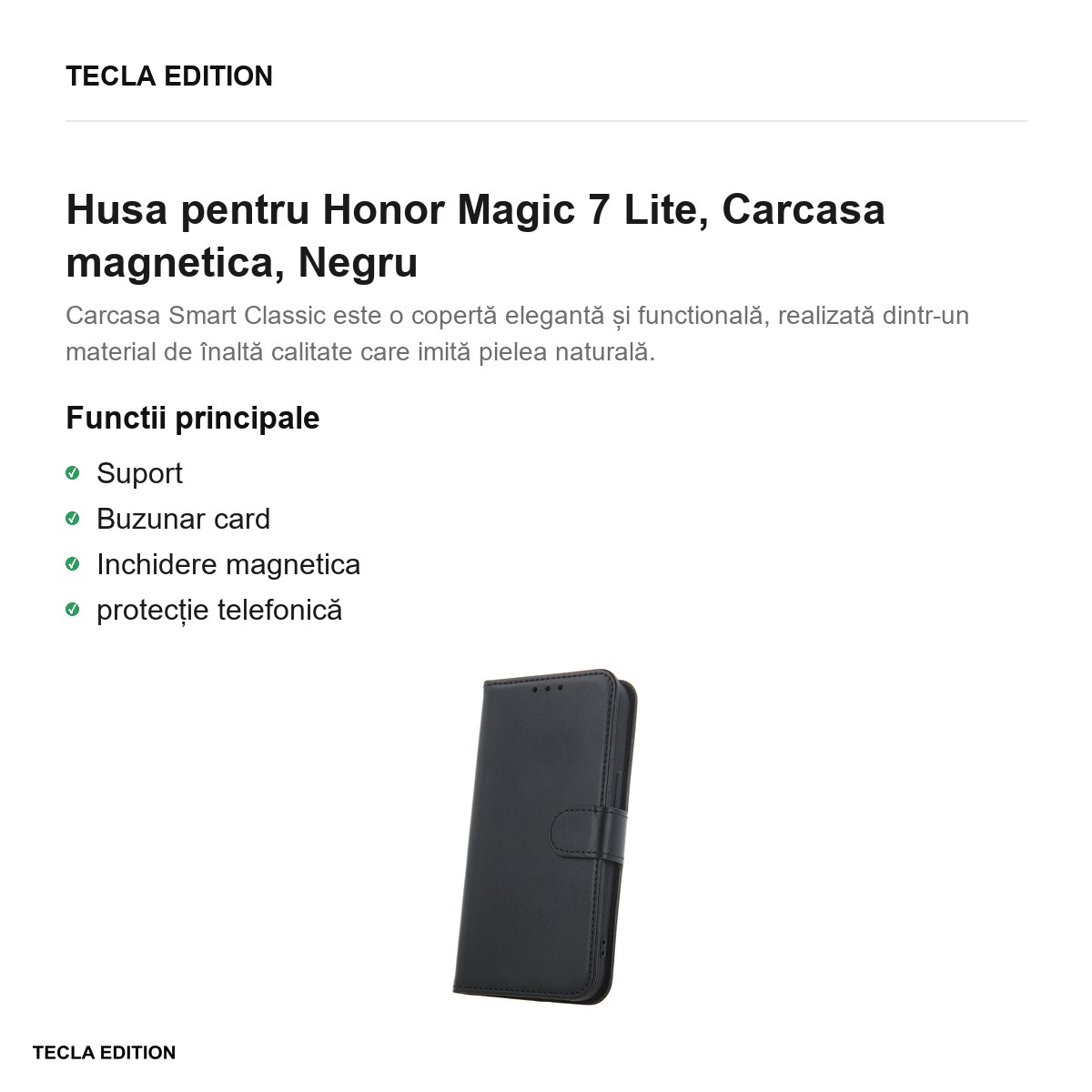Husa Smart Classic pentru Honor Magic 7 Lite, tip carte cu inchidere magnetica, Negru [1]