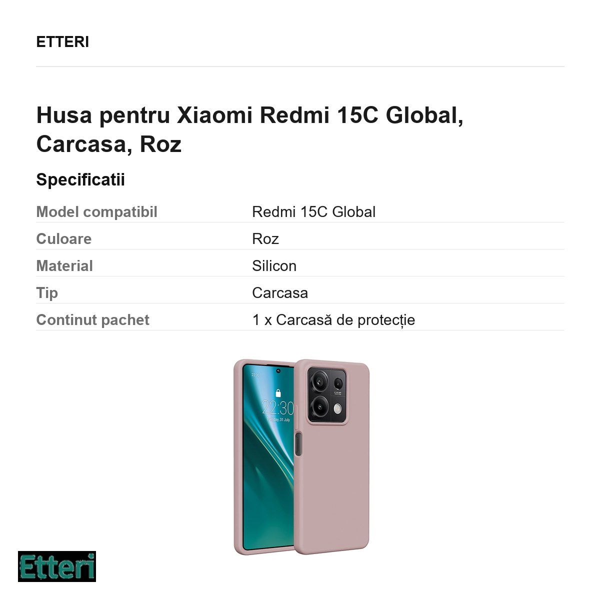 Husa Etteri Silicone pentru Xiaomi Redmi 15C Global, Carcasa, Roz [2]