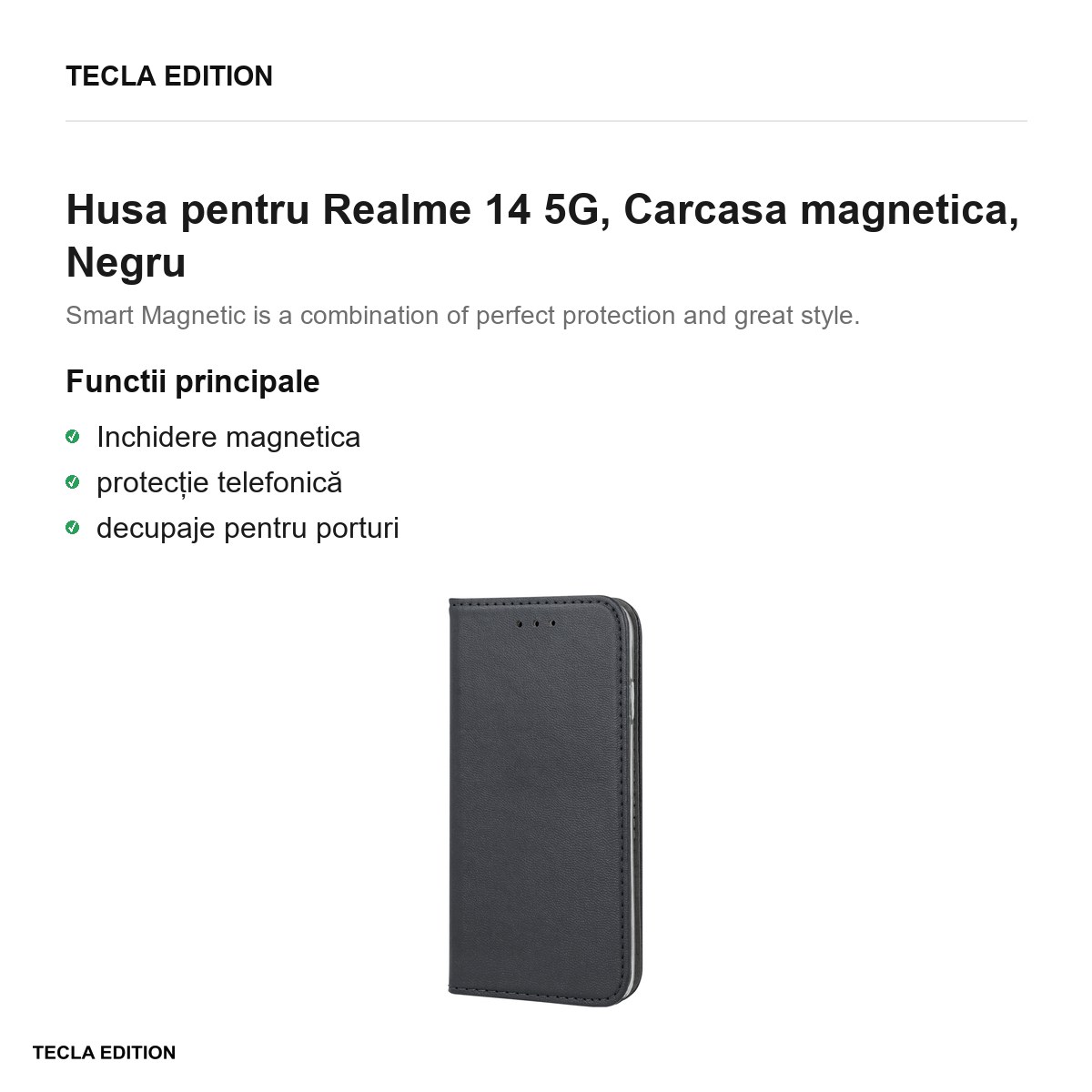 Husa Smart Magnetic pentru Realme 14 5G, tip carte cu inchidere magnetica, Negru [1]