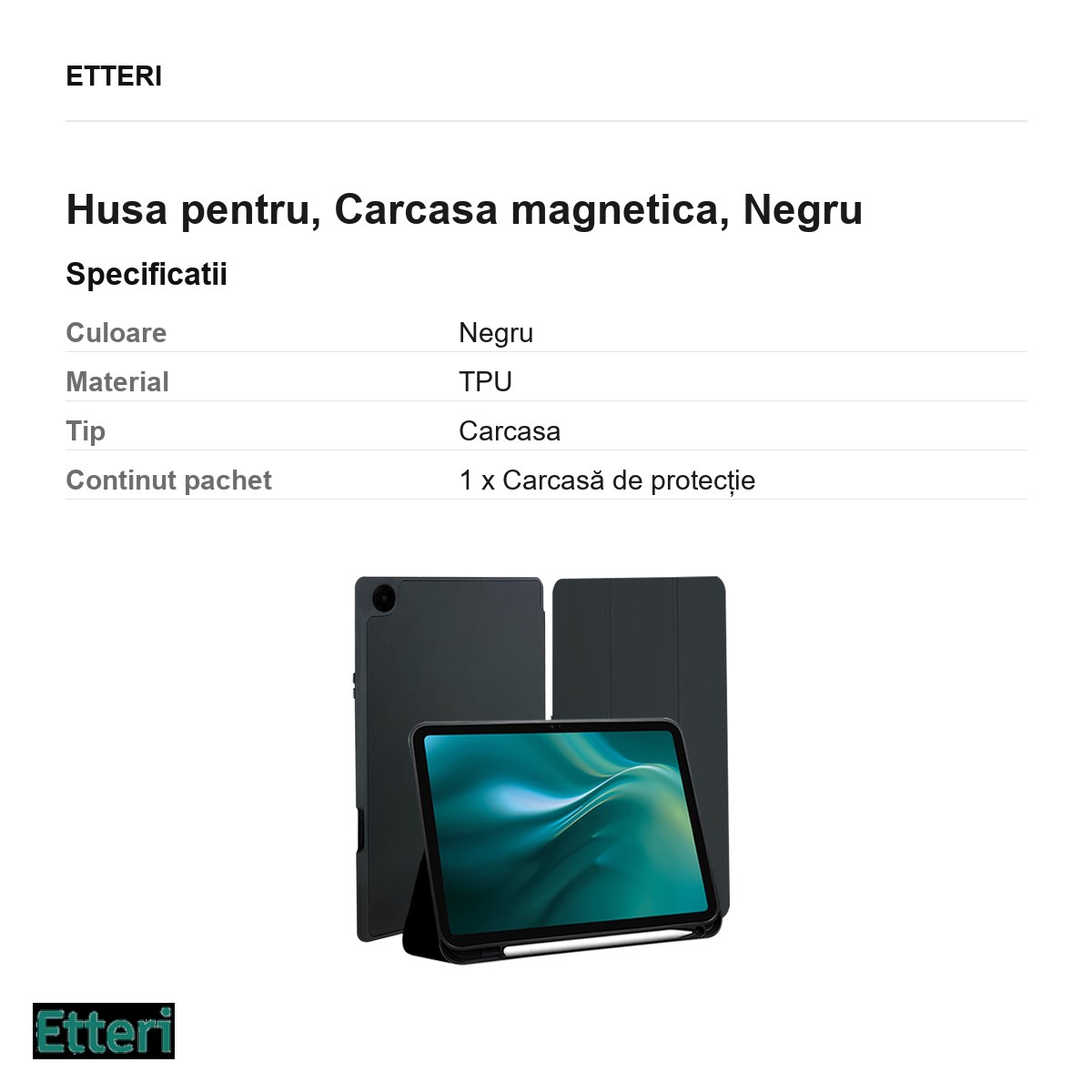 Husa Etteri Tab pentru Samsung Galaxy Tab A9, Carcasa magnetica, Negru [2]