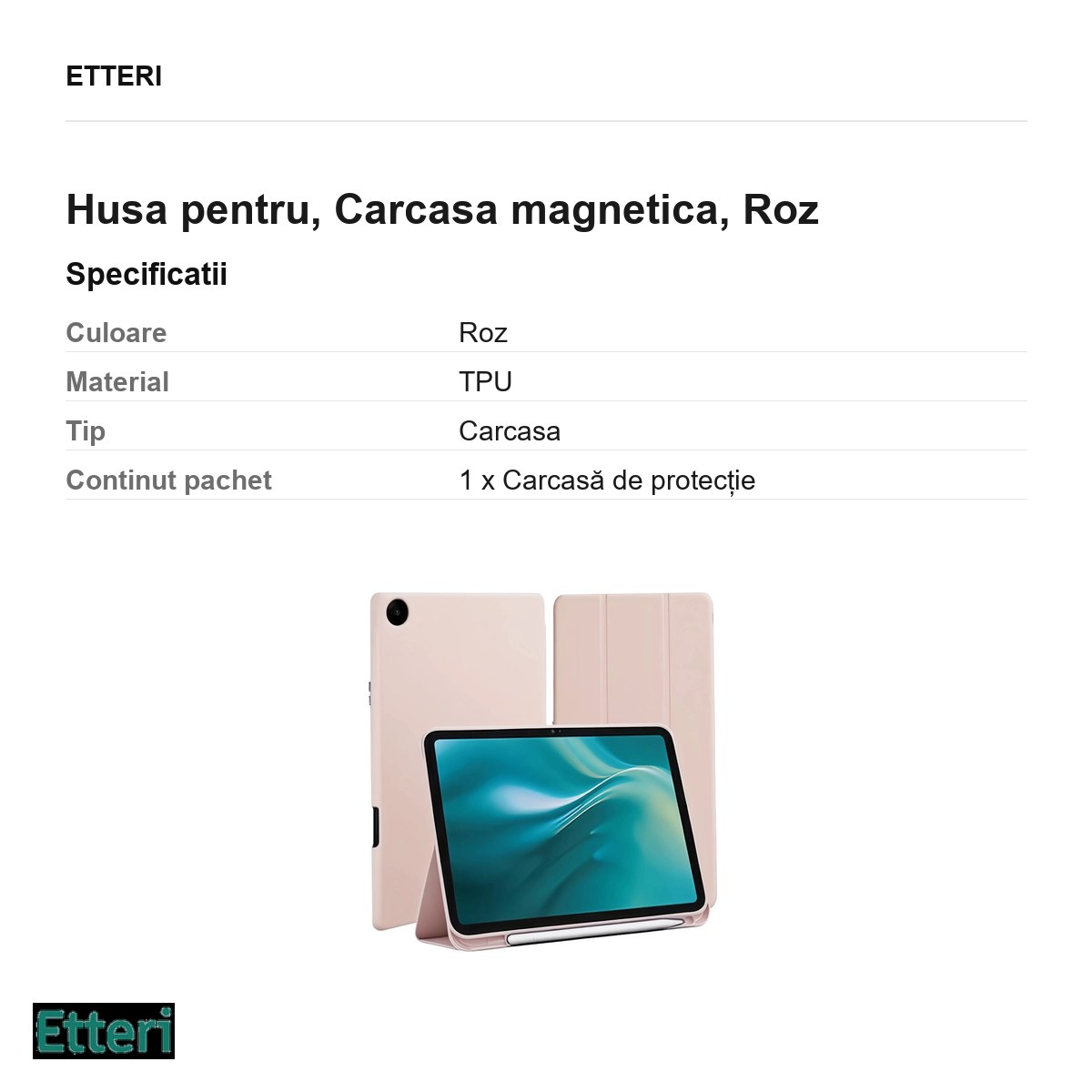 Husa Etteri Tab 11 pentru Samsung Galaxy Tab A9+, Carcasa magnetica, Roz [2]
