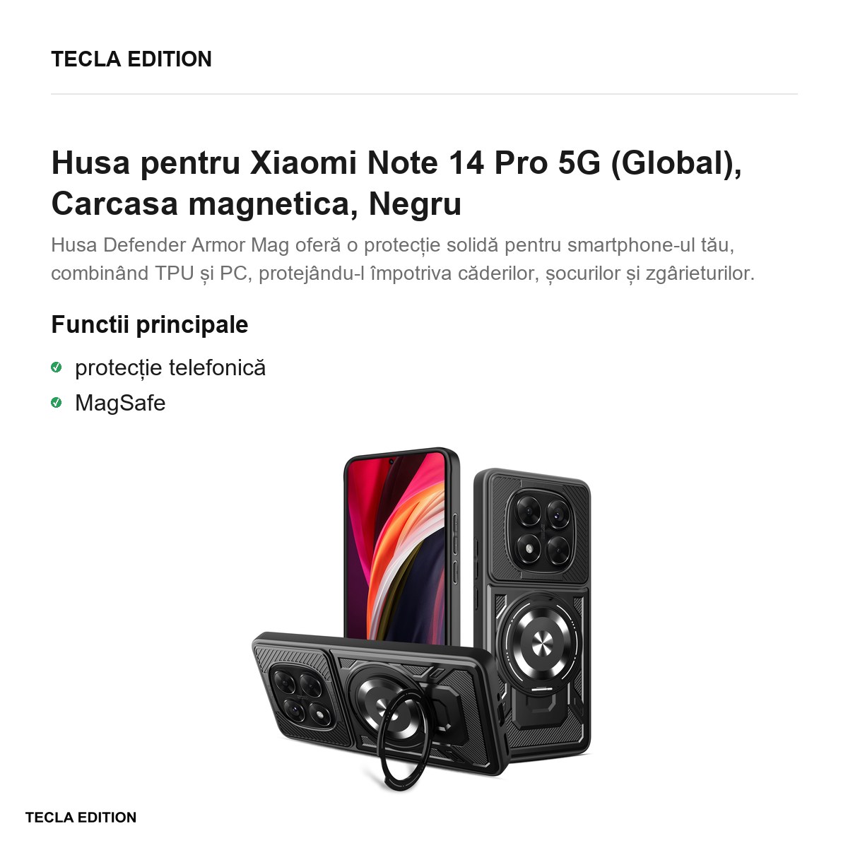 Husa Defender Armor Mag pentru Xiaomi Note 14 Pro 5G (Global), Carcasa magnetica, Negru [1]