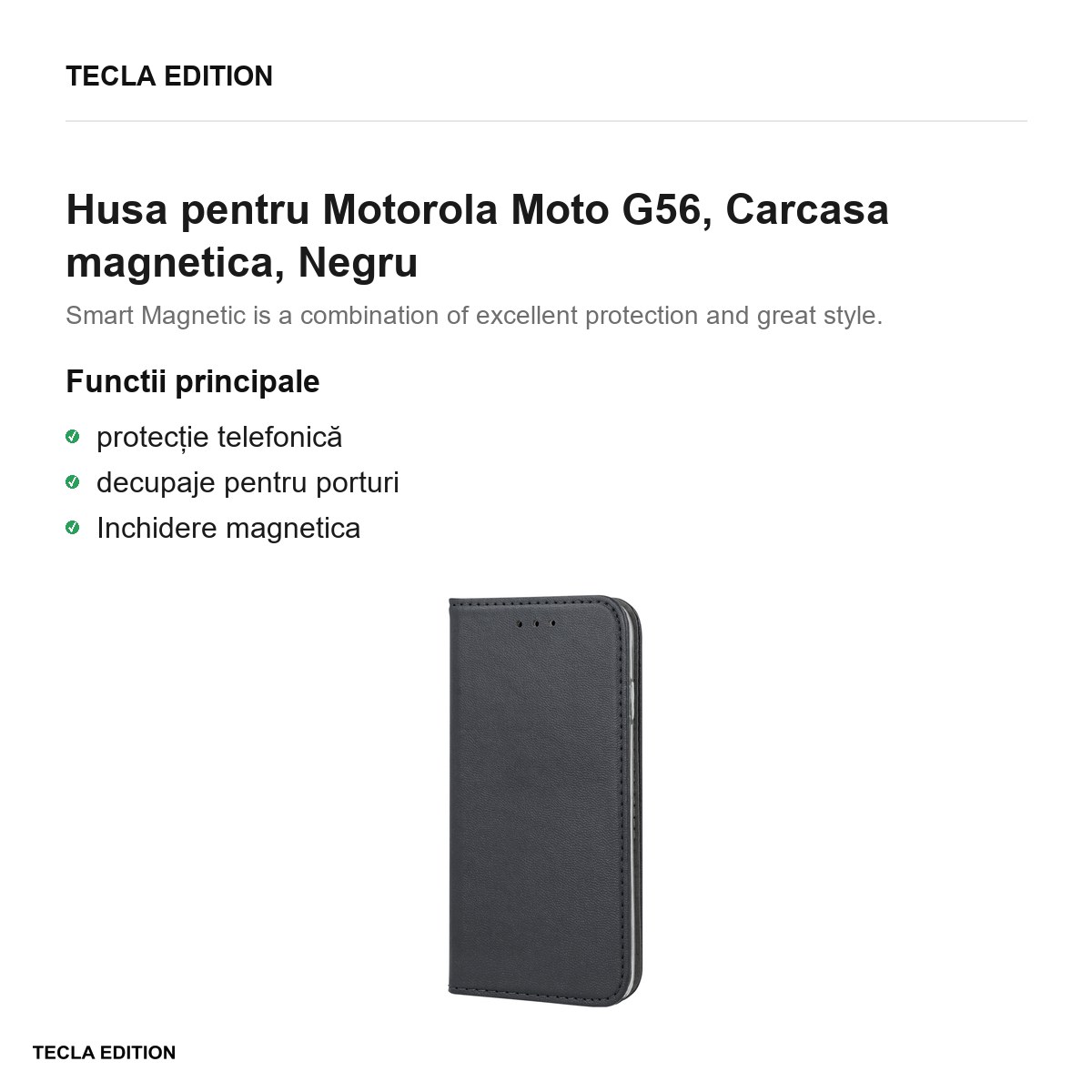 Husa Smart Magnetic pentru Motorola Moto G56, tip carte cu inchidere magnetica, Negru [1]