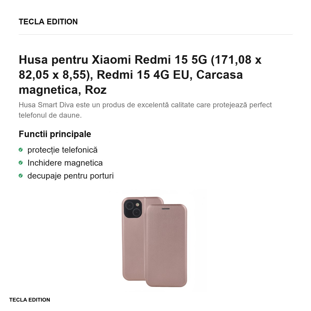 Husa Smart Diva rose pentru Xiaomi Redmi 15 5G, Redmi 15 4G EU, tip carte cu inchidere magnetica, Roz [1]