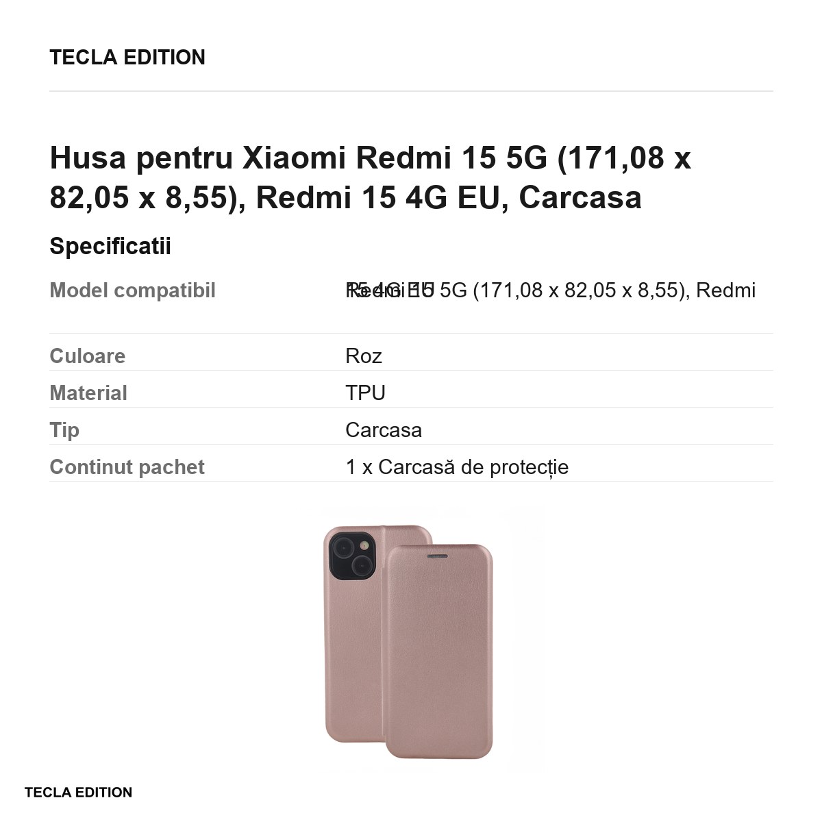 Husa Smart Diva rose pentru Xiaomi Redmi 15 5G, Redmi 15 4G EU, tip carte cu inchidere magnetica, Roz [2]