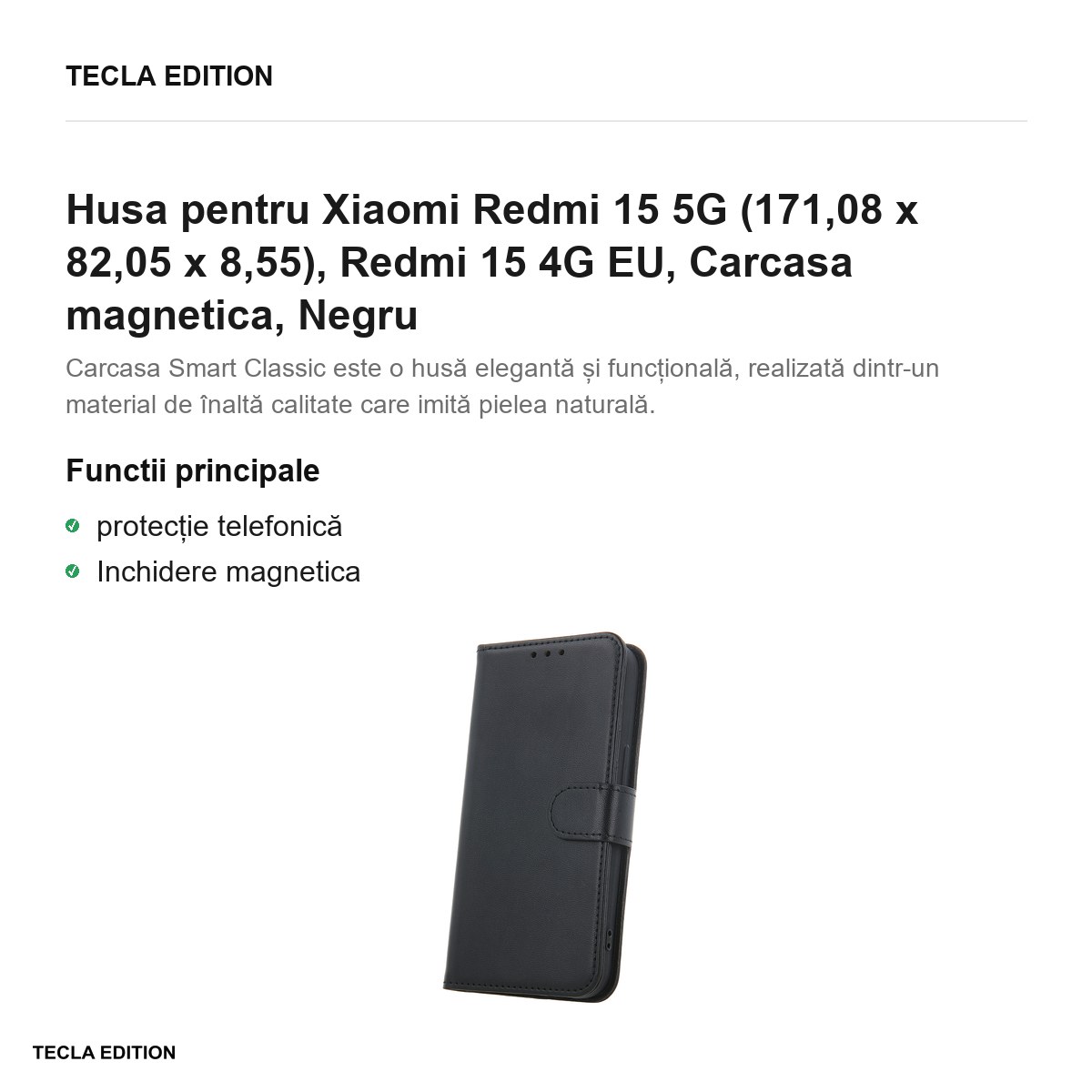 Husa Smart Classic pentru Xiaomi Redmi 15 5G, Redmi 15 4G EU, tip carte cu inchidere magnetica, Negru [1]