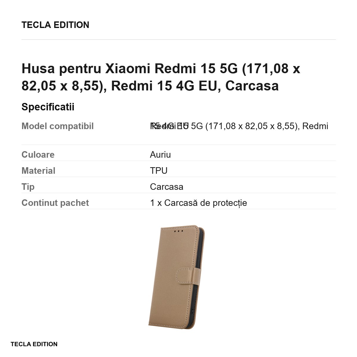Husa Smart Classic pentru Xiaomi Redmi 15 5G, Redmi 15 4G EU, tip carte cu inchidere magnetica, Auriu [2]