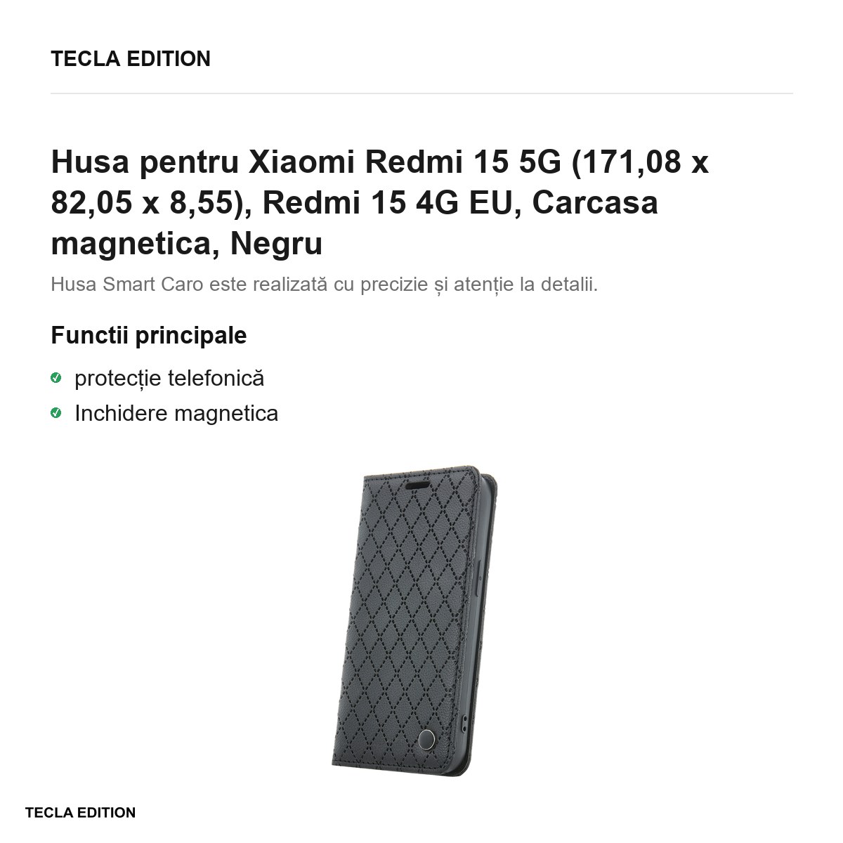 Husa Smart Caro pentru Xiaomi Redmi 15 5G, Redmi 15 4G EU, tip carte cu inchidere magnetica, Negru [1]