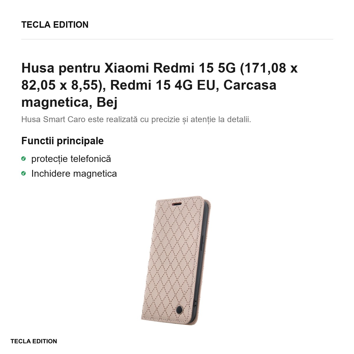 Husa Smart Caro pentru Xiaomi Redmi 15 5G, Redmi 15 4G EU, tip carte cu inchidere magnetica, Bej [1]