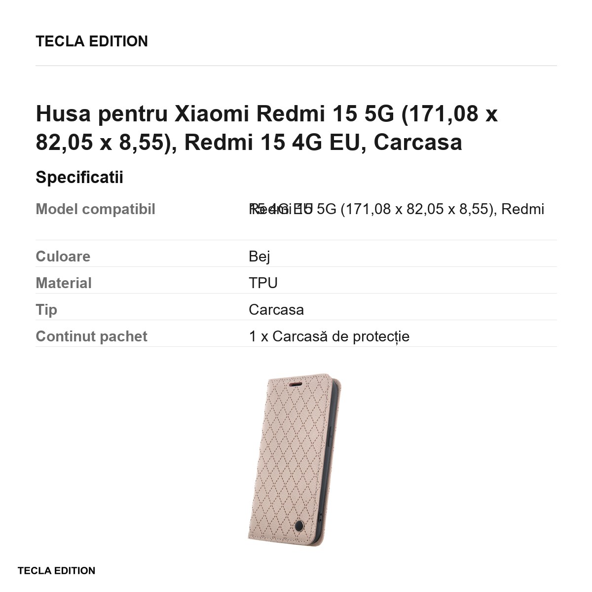 Husa Smart Caro pentru Xiaomi Redmi 15 5G, Redmi 15 4G EU, tip carte cu inchidere magnetica, Bej [2]