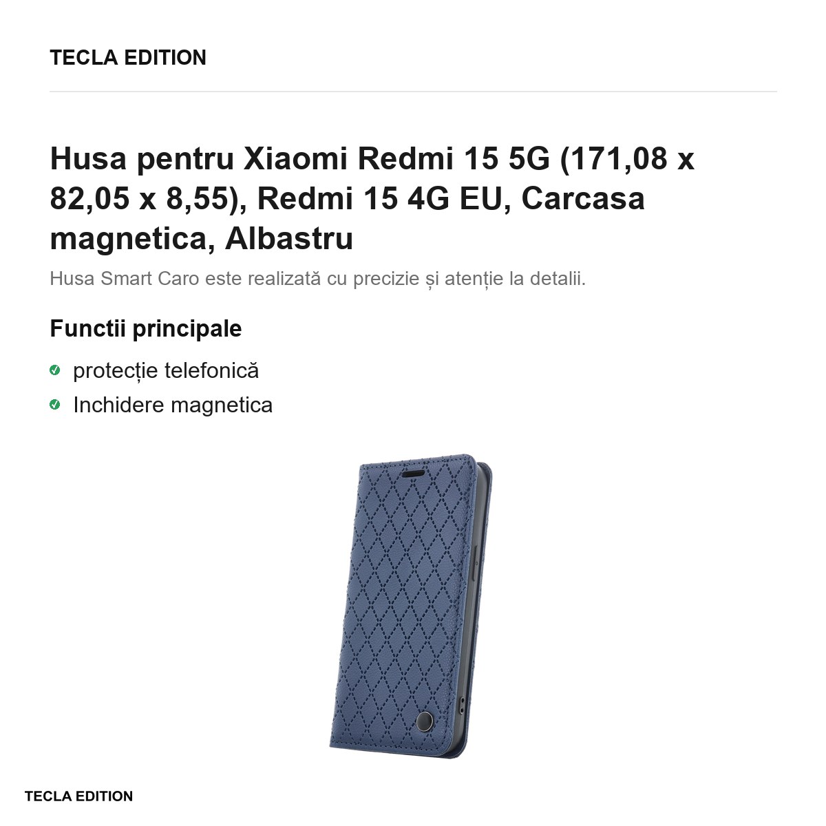 Husa Smart Caro pentru Xiaomi Redmi 15 5G, Redmi 15 4G EU, tip carte cu inchidere magnetica, Albastru [1]