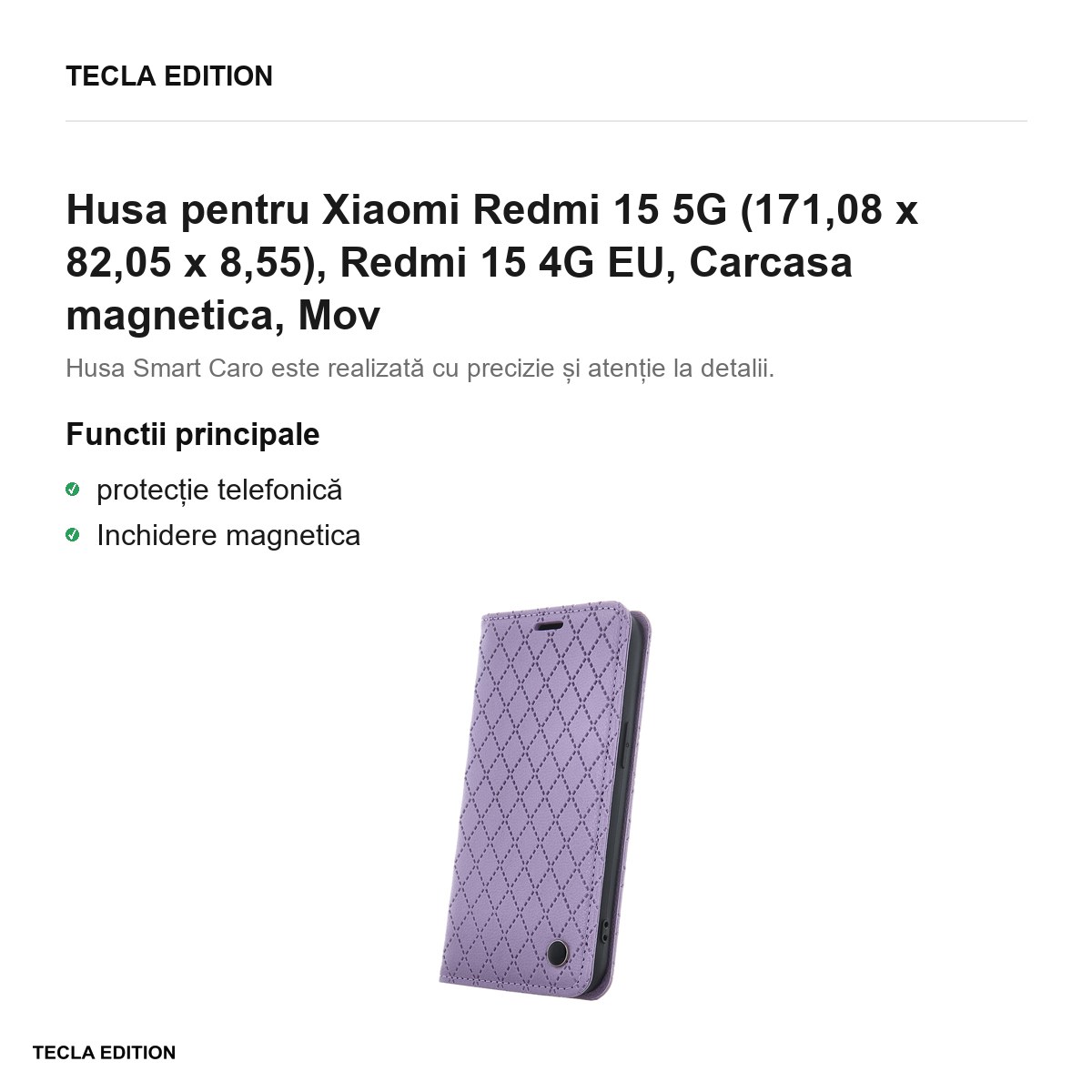 Husa Smart Caro pentru Xiaomi Redmi 15 5G, Redmi 15 4G EU, tip carte cu inchidere magnetica, Mov [1]