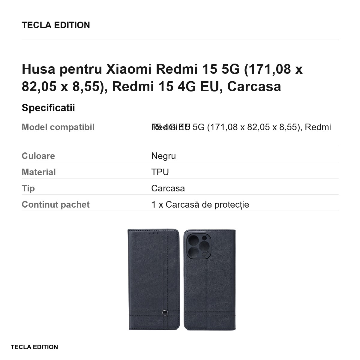 Husa Smart Seam pentru Xiaomi Redmi 15 5G, Redmi 15 4G EU, tip carte cu inchidere magnetica, Negru [2]
