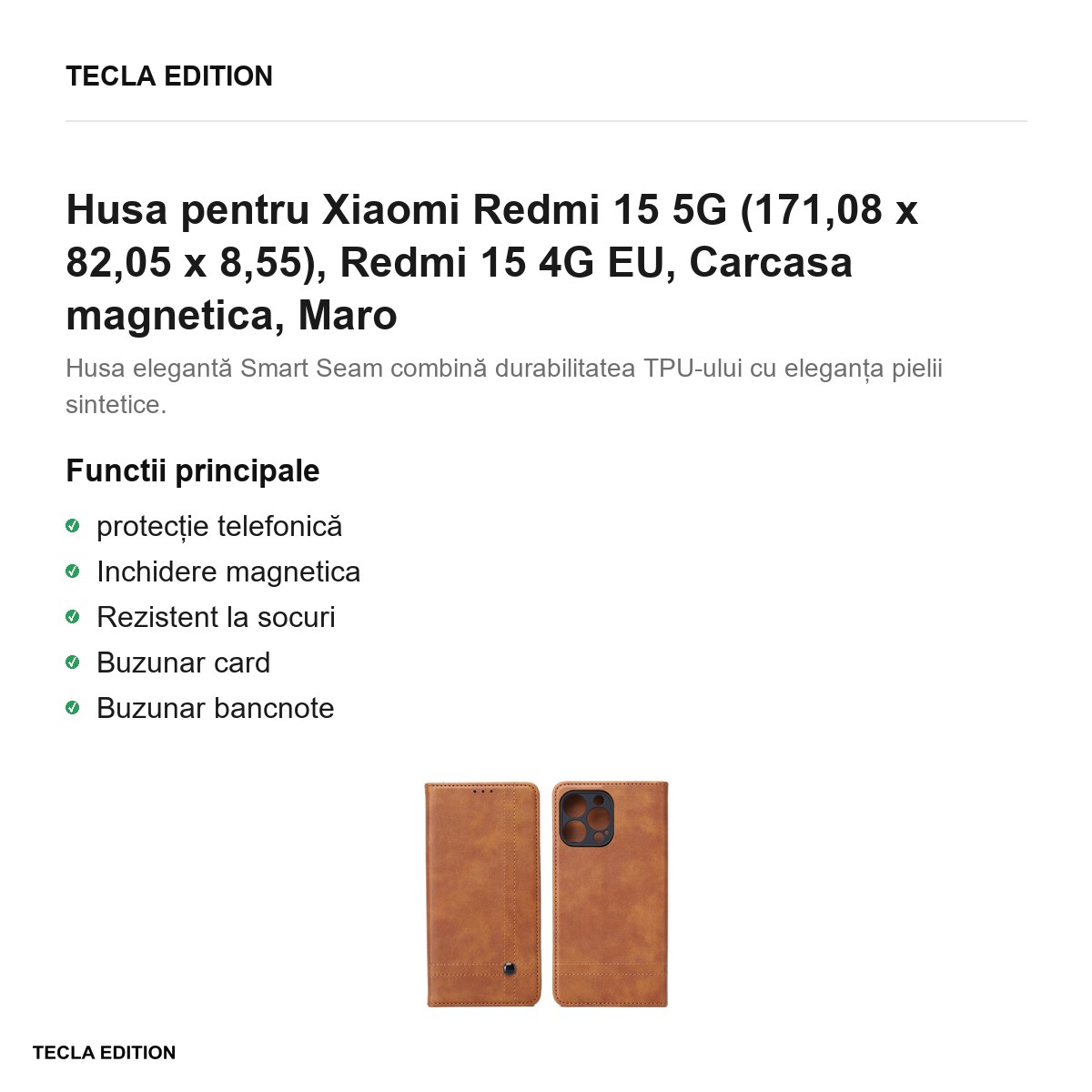 Husa Smart Seam pentru Xiaomi Redmi 15 5G, Redmi 15 4G EU, tip carte cu inchidere magnetica, Maro [1]