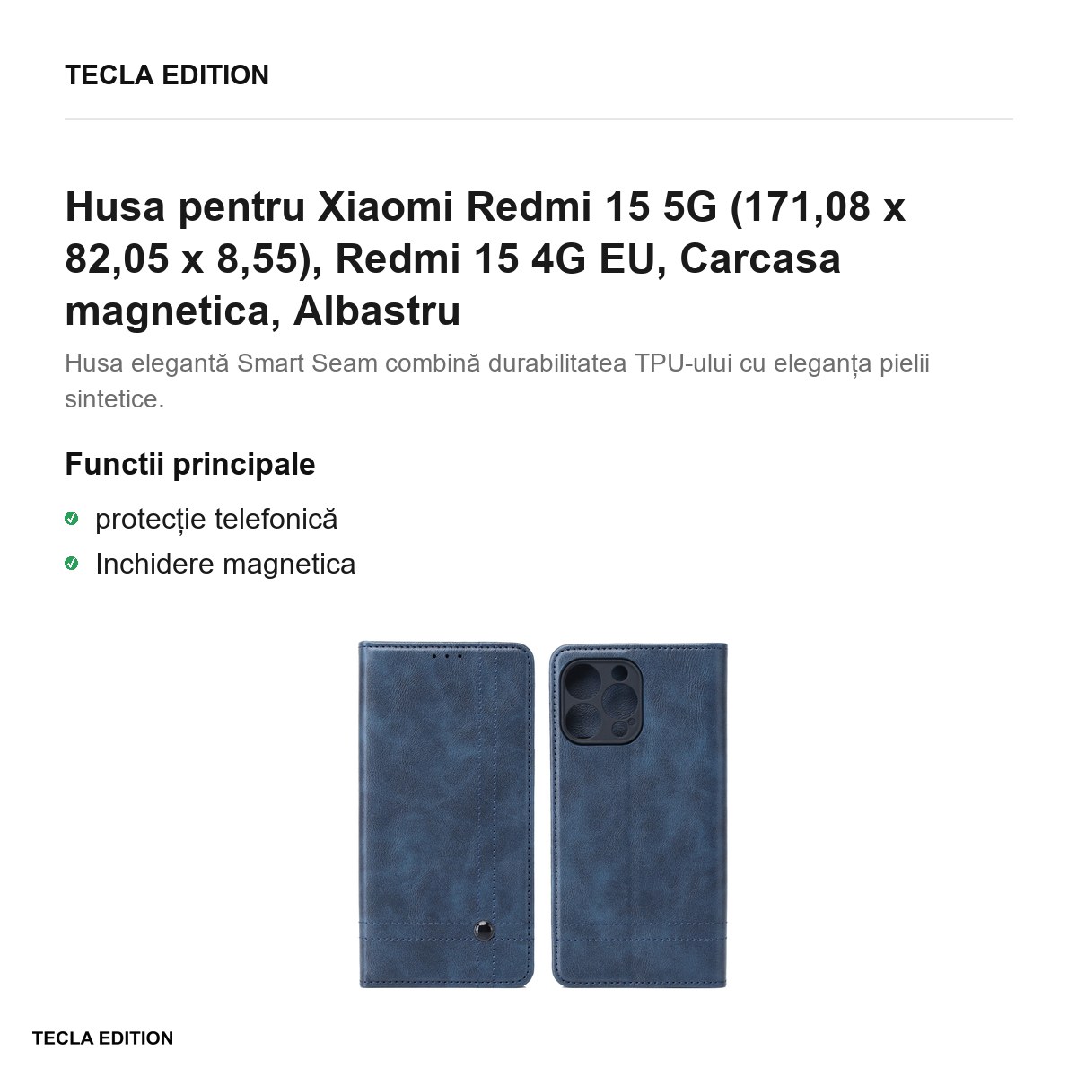 Husa Smart Seam pentru Xiaomi Redmi 15 5G, Redmi 15 4G EU, tip carte cu inchidere magnetica, Albastru [1]