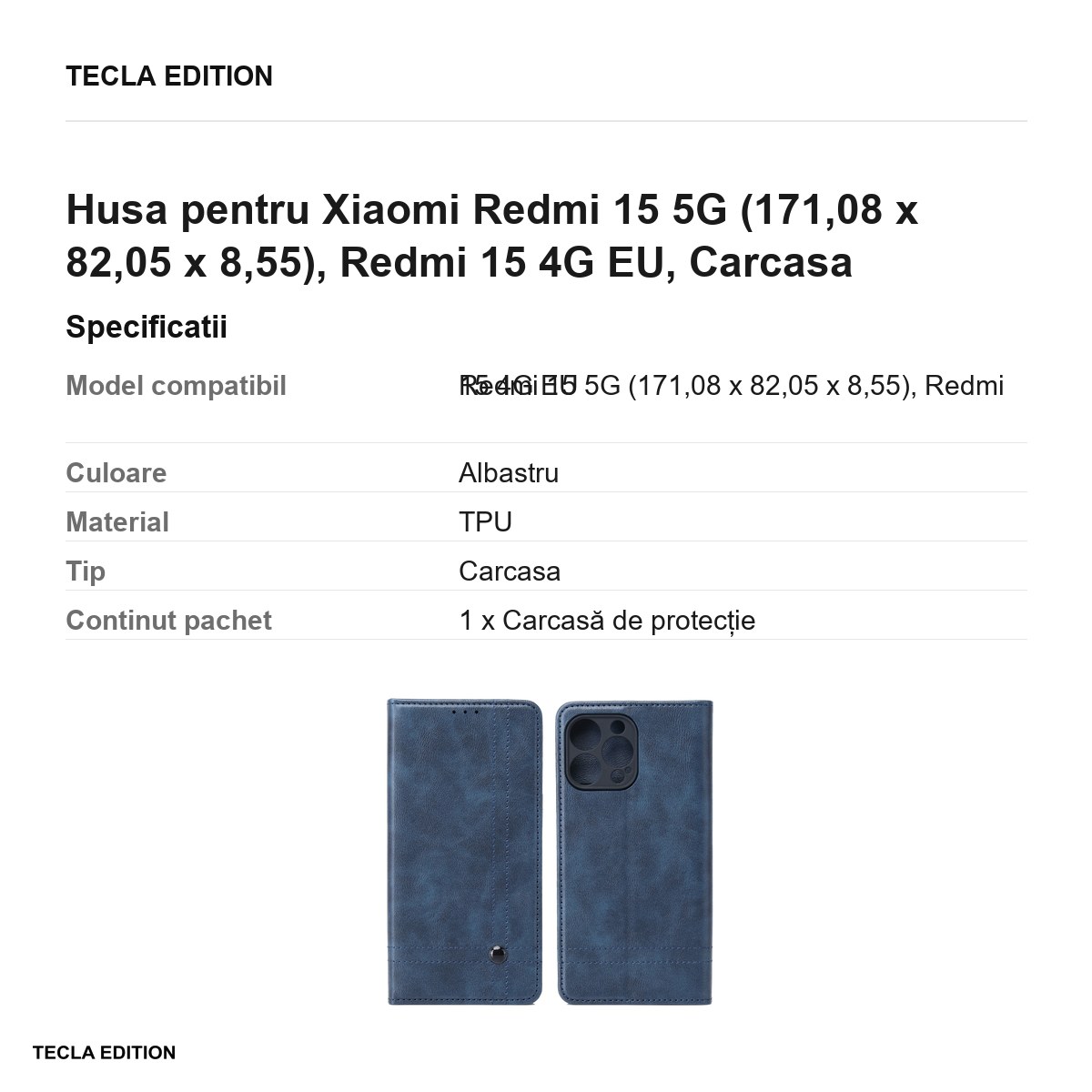 Husa Smart Seam pentru Xiaomi Redmi 15 5G, Redmi 15 4G EU, tip carte cu inchidere magnetica, Albastru [2]