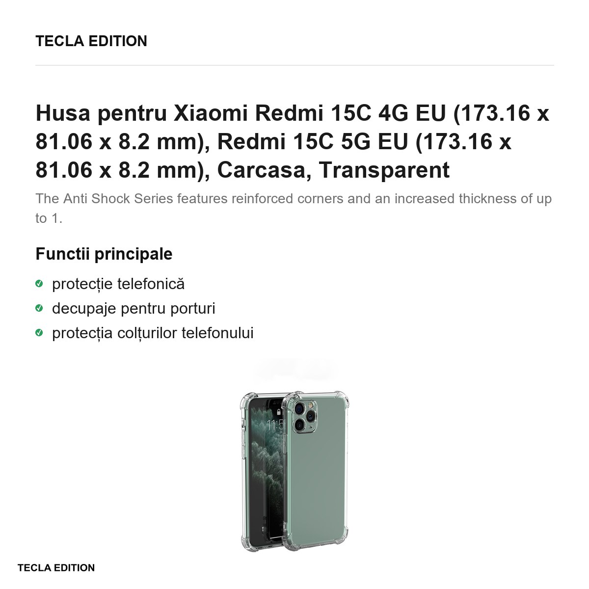 Husa Anti Shock 1,5 mm pentru Xiaomi Redmi 15C 4G EU, Redmi 15C 5G EU, Carcasa, Transparent [1]