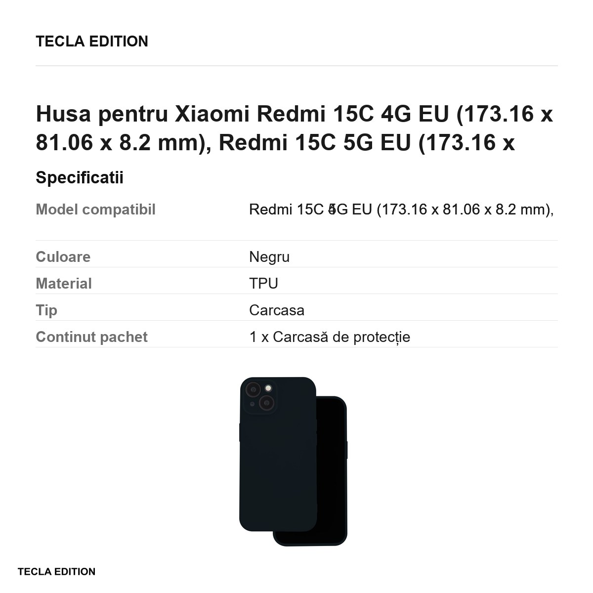 Husa Silicon pentru Xiaomi Redmi 15C 4G EU, Redmi 15C 5G EU, Carcasa, Negru [2]