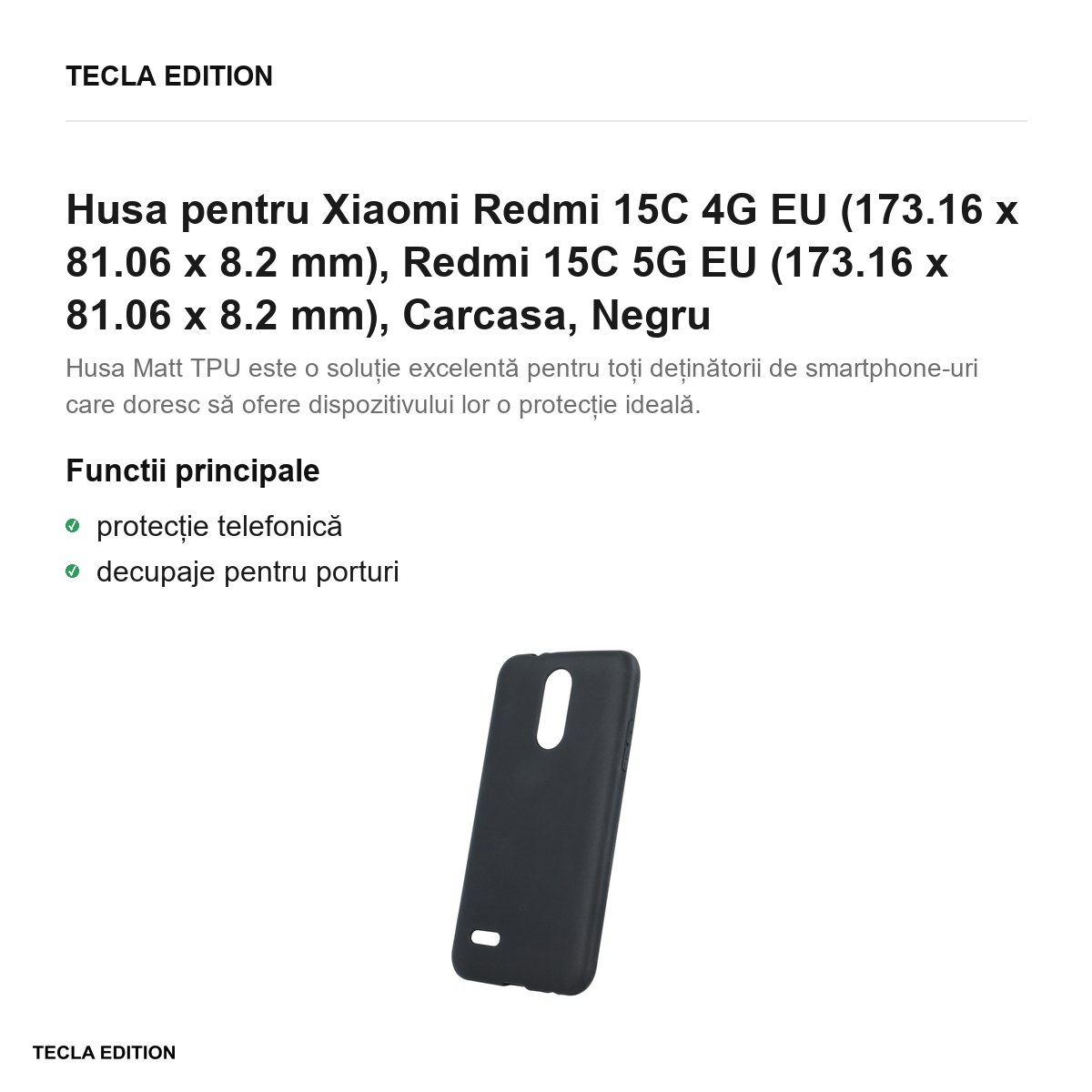 Husa Matt TPU pentru Xiaomi Redmi 15C 4G EU, Redmi 15C 5G EU, Carcasa, Negru [1]