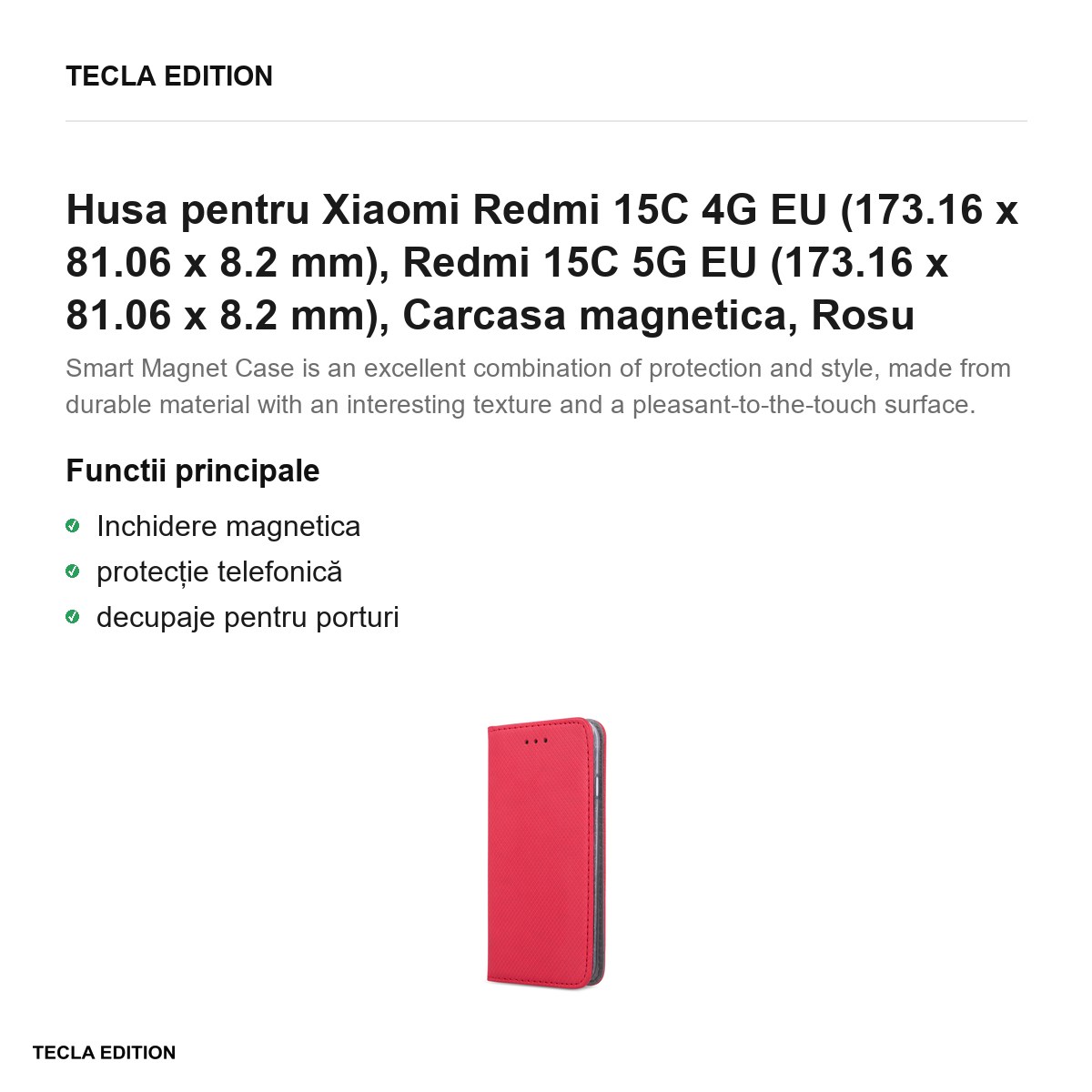 Husa Smart Magnet pentru Xiaomi Redmi 15C 4G EU, Redmi 15C 5G EU, tip carte cu inchidere magnetica, Rosu [1]