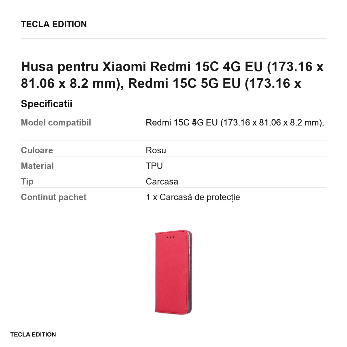 Husa Smart Magnet pentru Xiaomi Redmi 15C 4G EU, Redmi 15C 5G EU, tip carte cu inchidere magnetica, Rosu [2]