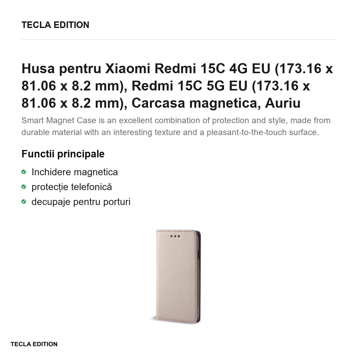 Husa Smart Magnet pentru Xiaomi Redmi 15C 4G EU, Redmi 15C 5G EU, tip carte cu inchidere magnetica, Auriu [1]