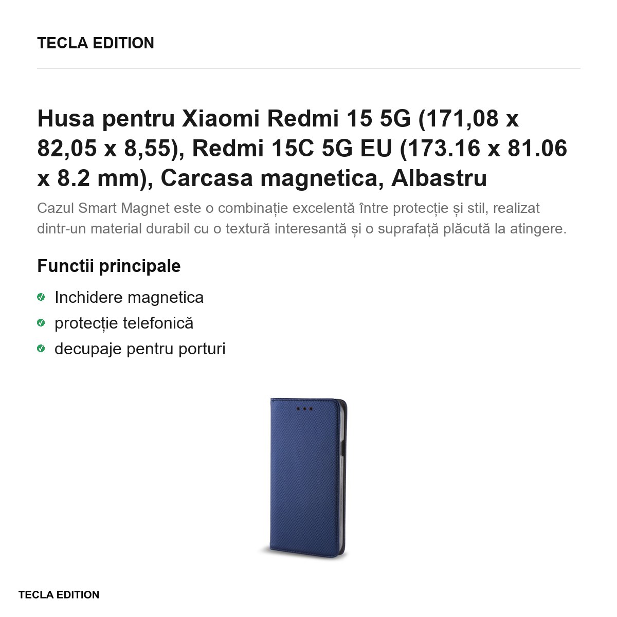 Husa Smart Magnet pentru Xiaomi Redmi 15 5G, Redmi 15C 5G EU, tip carte cu inchidere magnetica, Albastru [1]