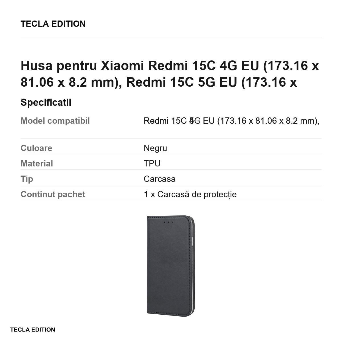 Husa Smart Magnetic pentru Xiaomi Redmi 15C 4G EU, Redmi 15C 5G EU, tip carte cu inchidere magnetica, Negru [2]