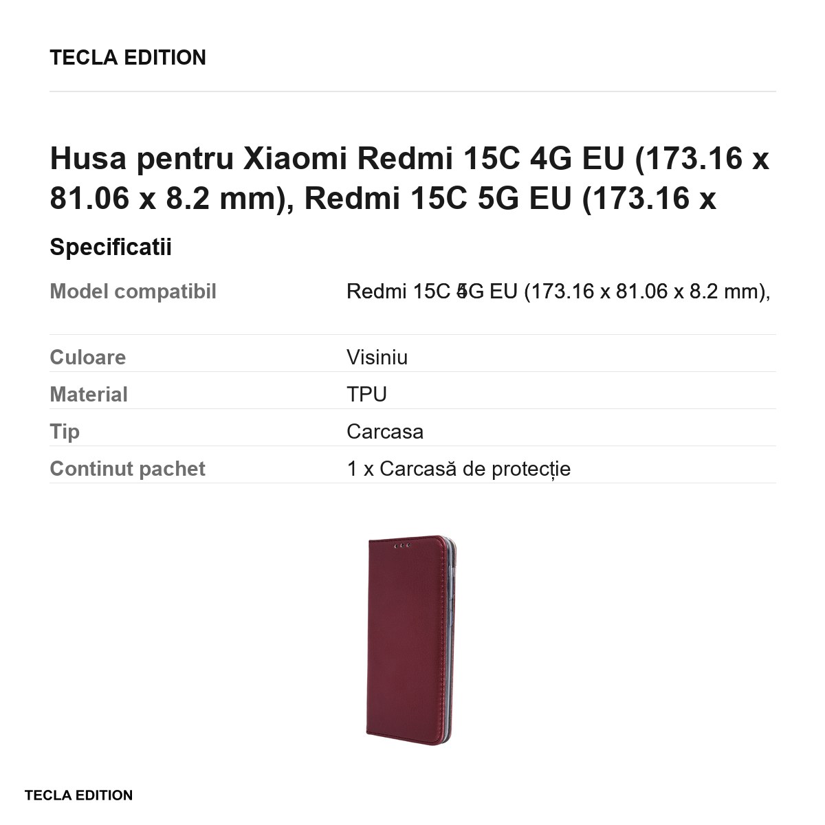 Husa Smart Magnetic pentru Xiaomi Redmi 15C 4G EU, Redmi 15C 5G EU, tip carte cu inchidere magnetica, Visiniu [2]