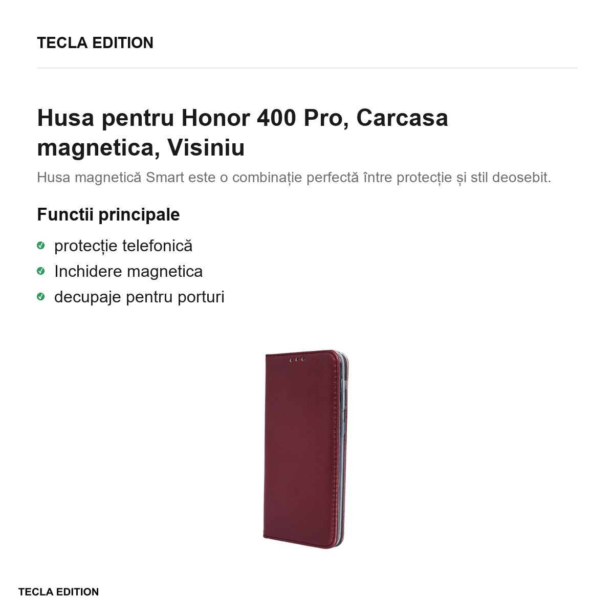 Husa Smart Magnetic pentru Honor 400 Pro, tip carte cu inchidere magnetica, Visiniu [1]