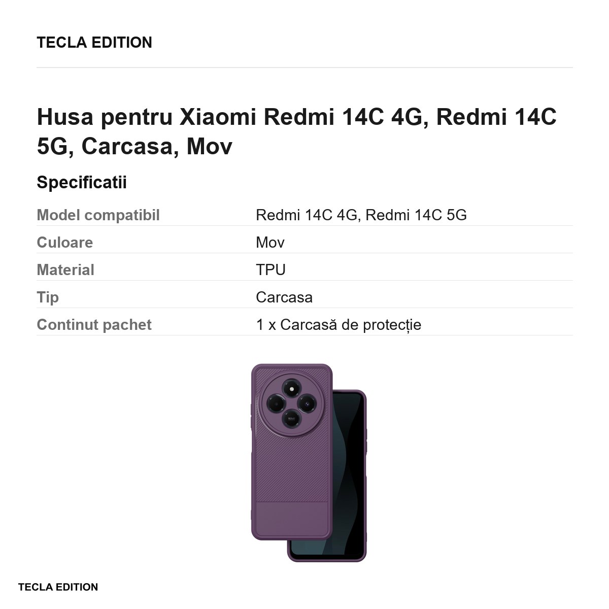 Husa Simple Carbon pentru Xiaomi Redmi 14C 4G, Redmi 14C 5G, Carcasa, Mov [2]