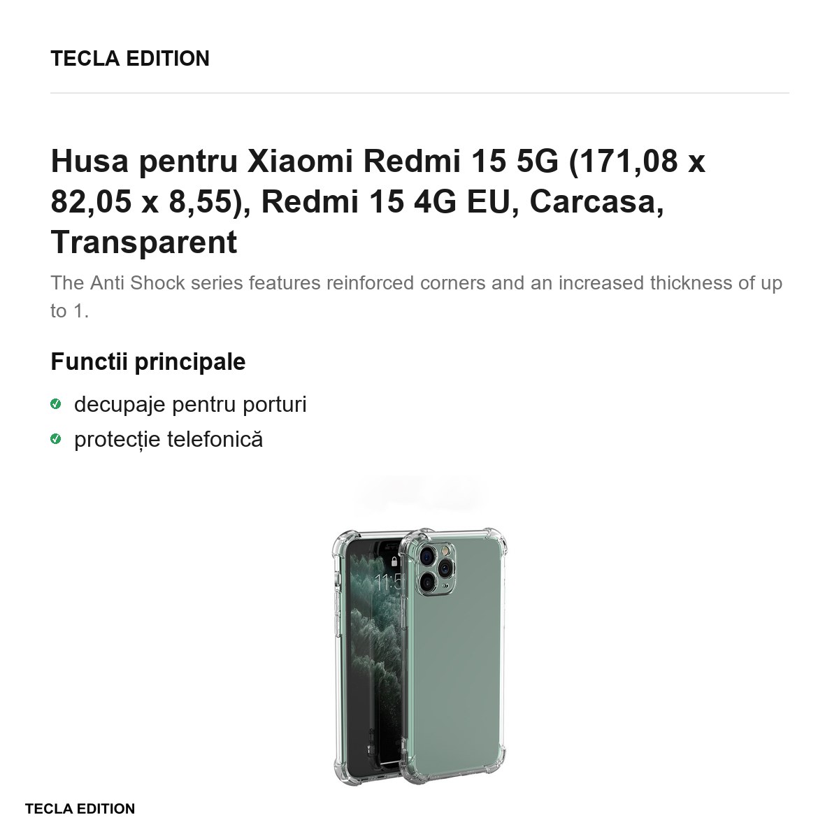 Husa Anti Shock 1,5 mm pentru Xiaomi Redmi 15 5G, Redmi 15 4G EU, Carcasa, Transparent [1]