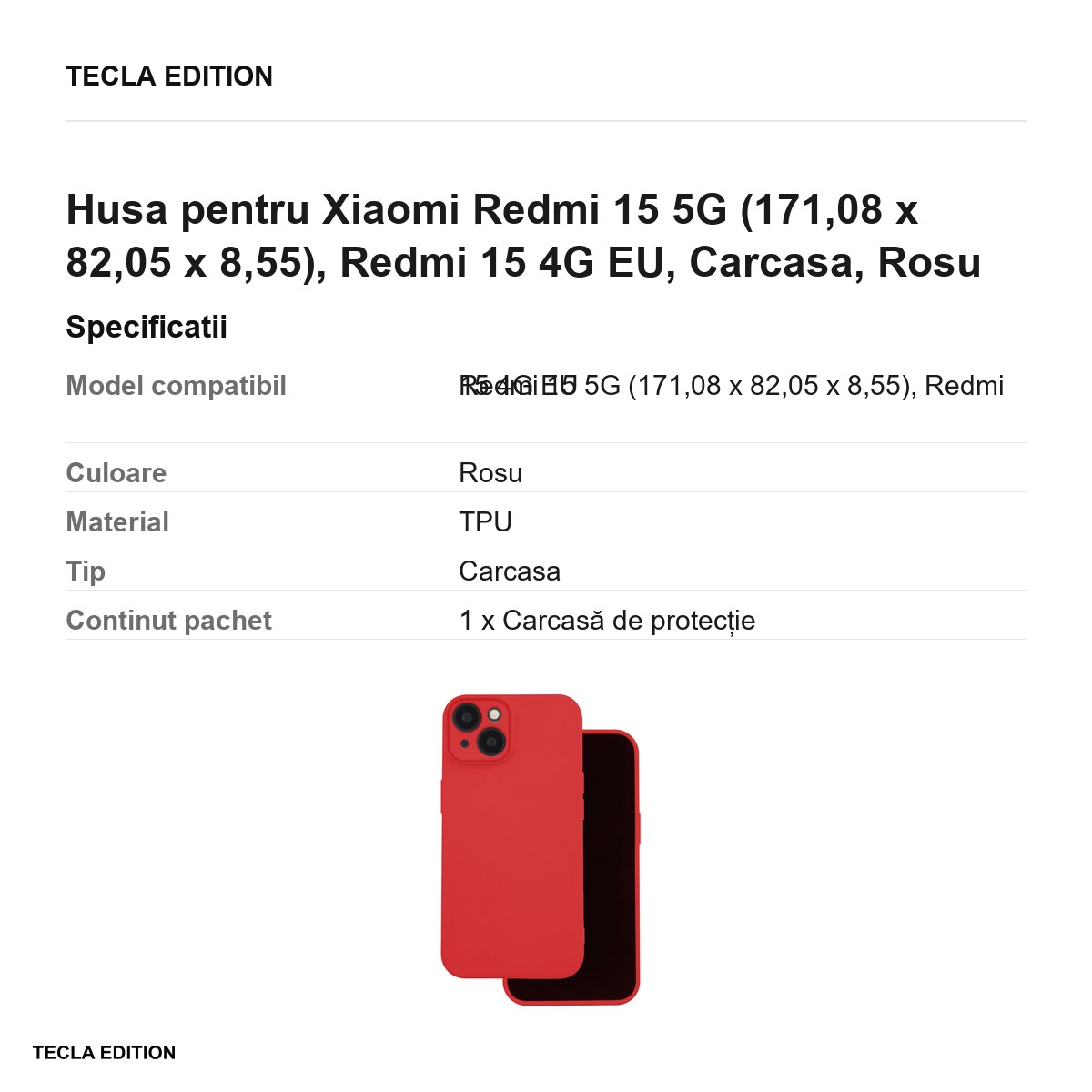 Husa Silicon pentru Xiaomi Redmi 15 5G, Redmi 15 4G EU, Carcasa, Rosu [2]