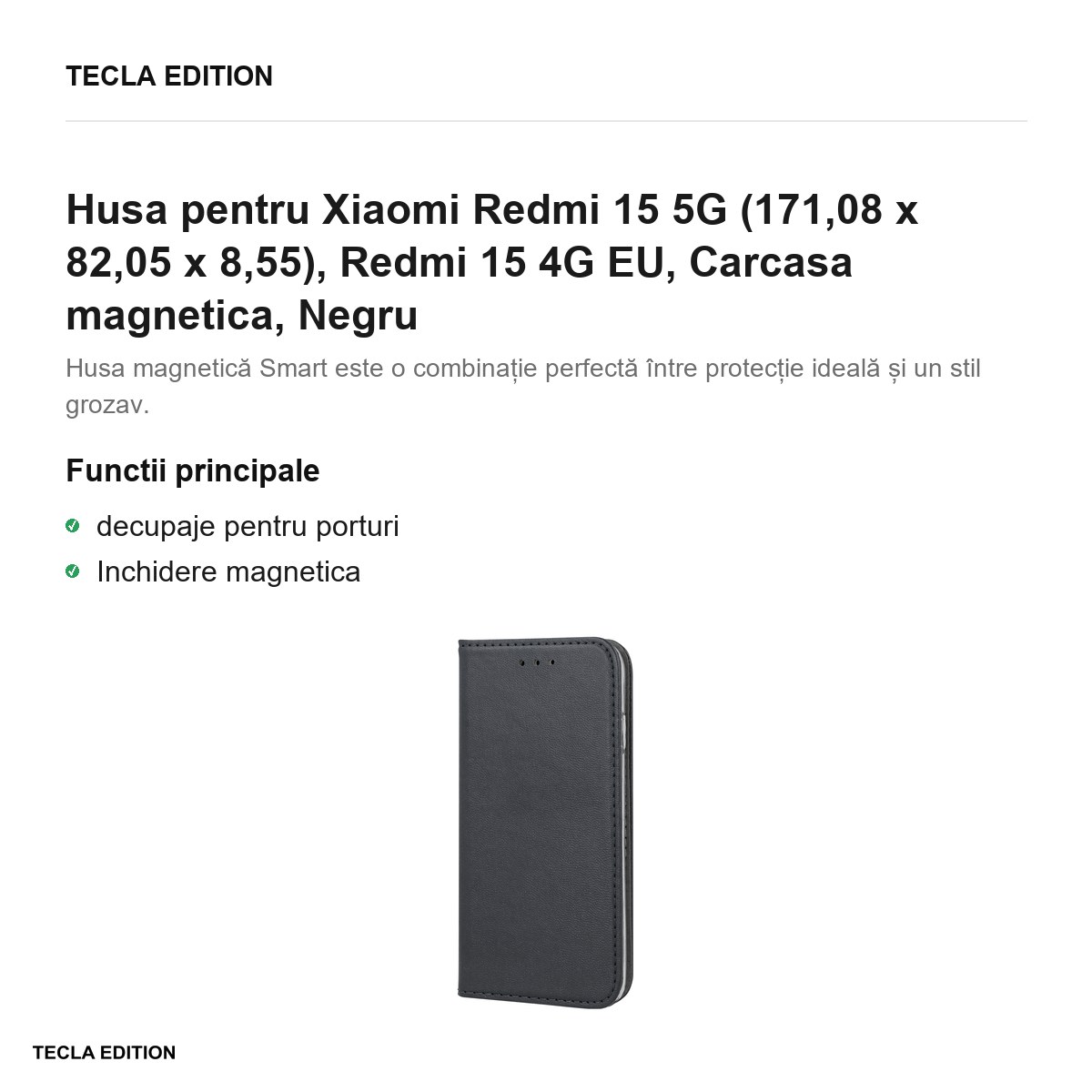 Husa Smart Magnetic pentru Xiaomi Redmi 15 5G, Redmi 15 4G EU, tip carte cu inchidere magnetica, Negru [1]