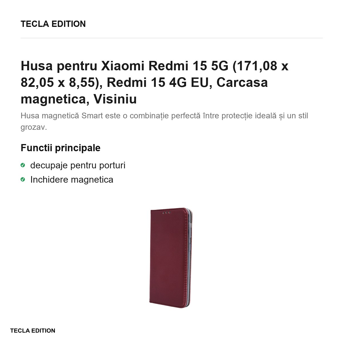 Husa Smart Magnetic pentru Xiaomi Redmi 15 5G, Redmi 15 4G EU, tip carte cu inchidere magnetica, Visiniu [1]