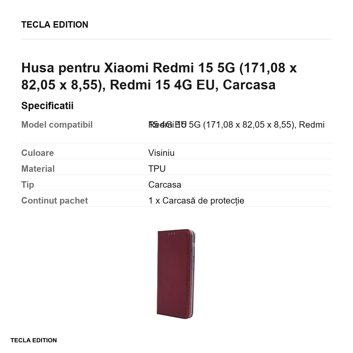 Husa Smart Magnetic pentru Xiaomi Redmi 15 5G, Redmi 15 4G EU, tip carte cu inchidere magnetica, Visiniu [2]
