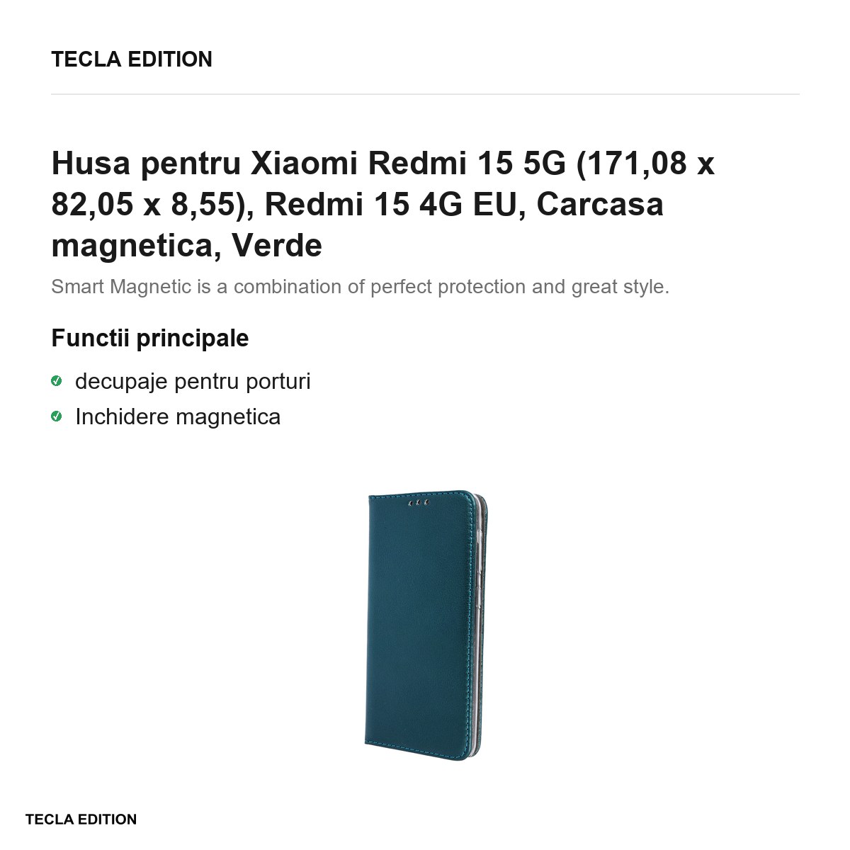 Husa Smart Magnetic pentru Xiaomi Redmi 15 5G, Redmi 15 4G EU, tip carte cu inchidere magnetica, Verde [1]
